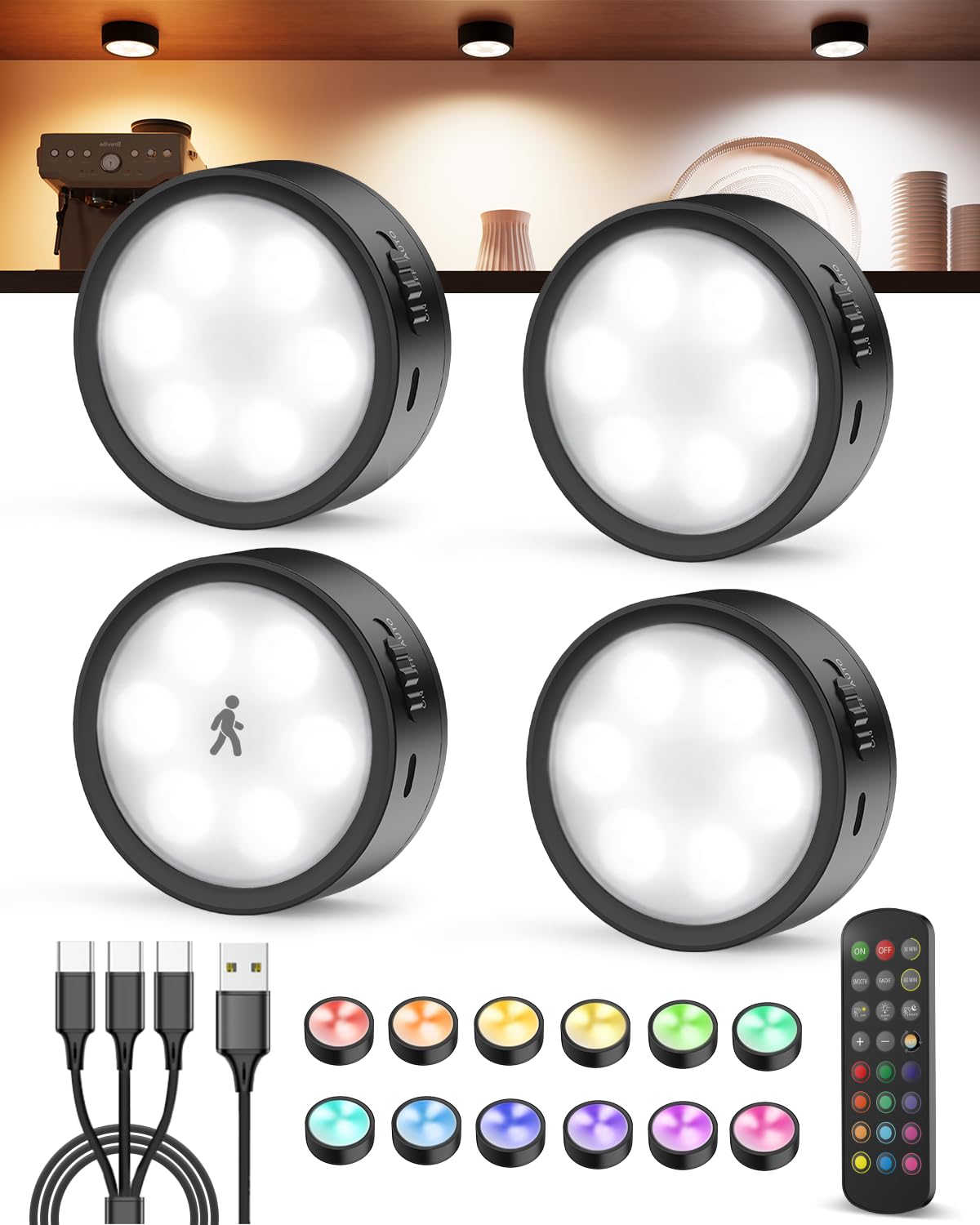 Luci con Sensore di Movimento per Interni Ricaricabili, 2400mAh Luce Sottopensile Cucina RGB con Telecomando Faretto LED Batteria Senza Fili Magnetica Luci Notturne Adesive per Armadio, Scale Vetrina
