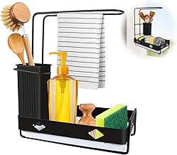 VFANDV Spülbecken Organizer, Küchen Spüle Sink Organizer aus Edelstahl, Selbstentleerende Spülorganizer, Abnehmbare Schwammhalter und Spüllappenhalter Küchenzubehör (Schwarze Upgrade-Version)