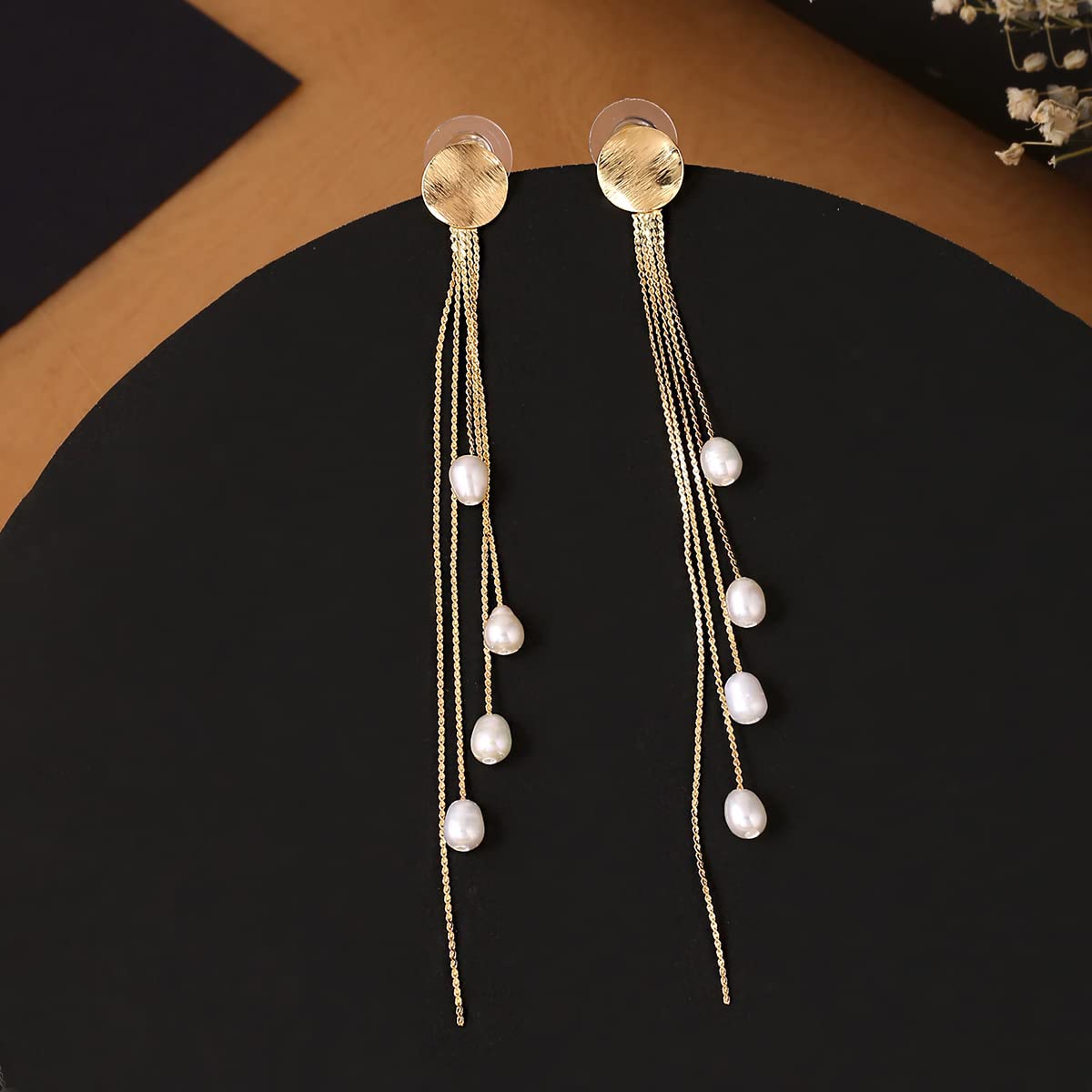 Clip On Stud Earrings with Long Tassel Chain Pearl Drop