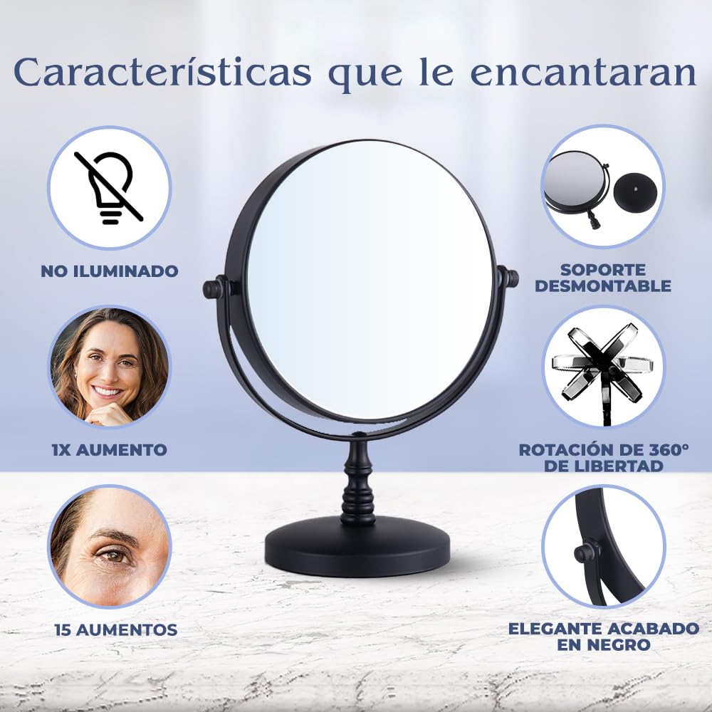 Mirrorvana Espejo de Mesa de 15X aumentos con Soporte - diseño cosmético de Doble Cara 15X y 1X, Ideal para Escritorio, tocador o encimera de baño - 22,9 cm de Alto y 15,24 cm de Ancho (Negro)