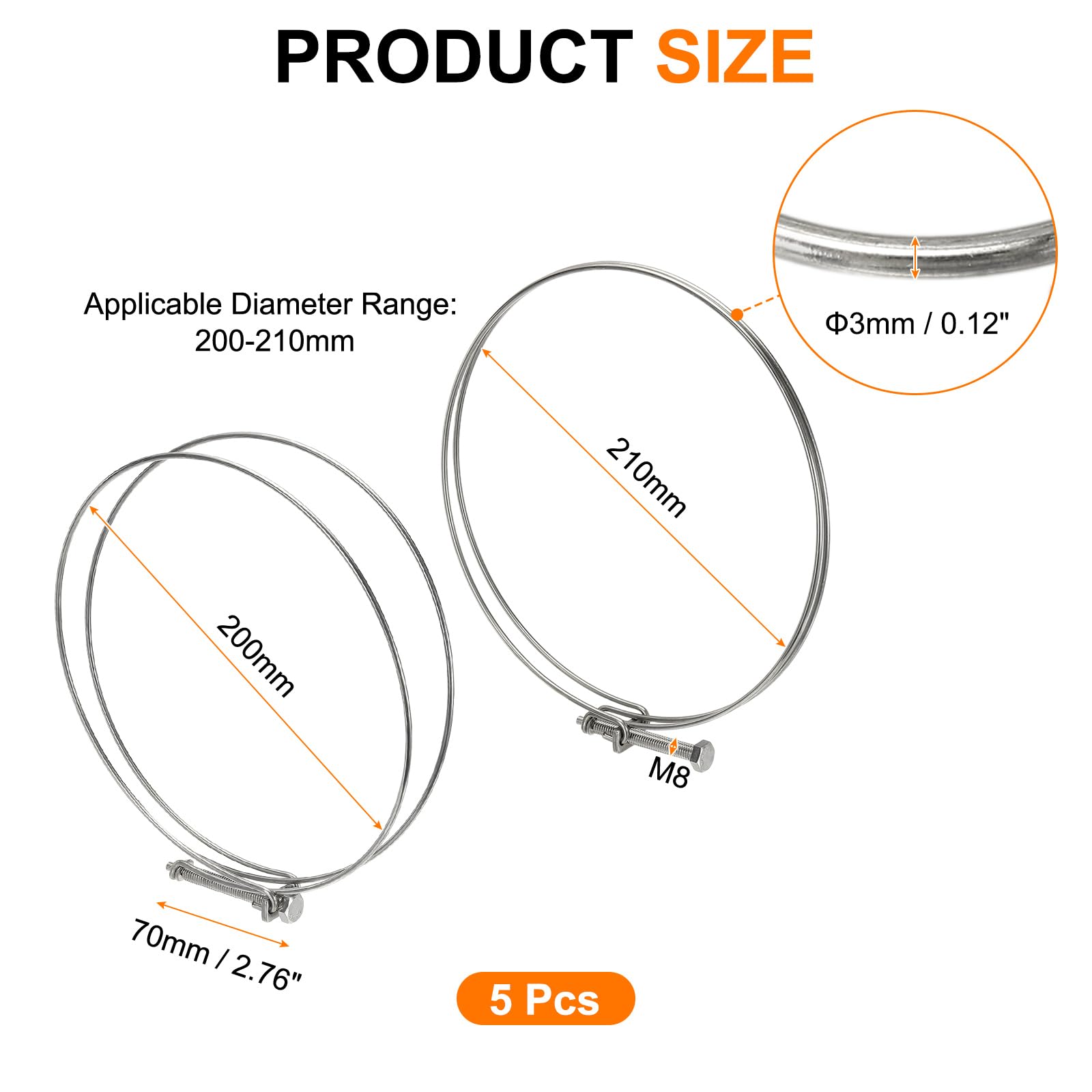 HARFINGTON Lot de 5 colliers de serrage à double fil 200-210 mm en acier