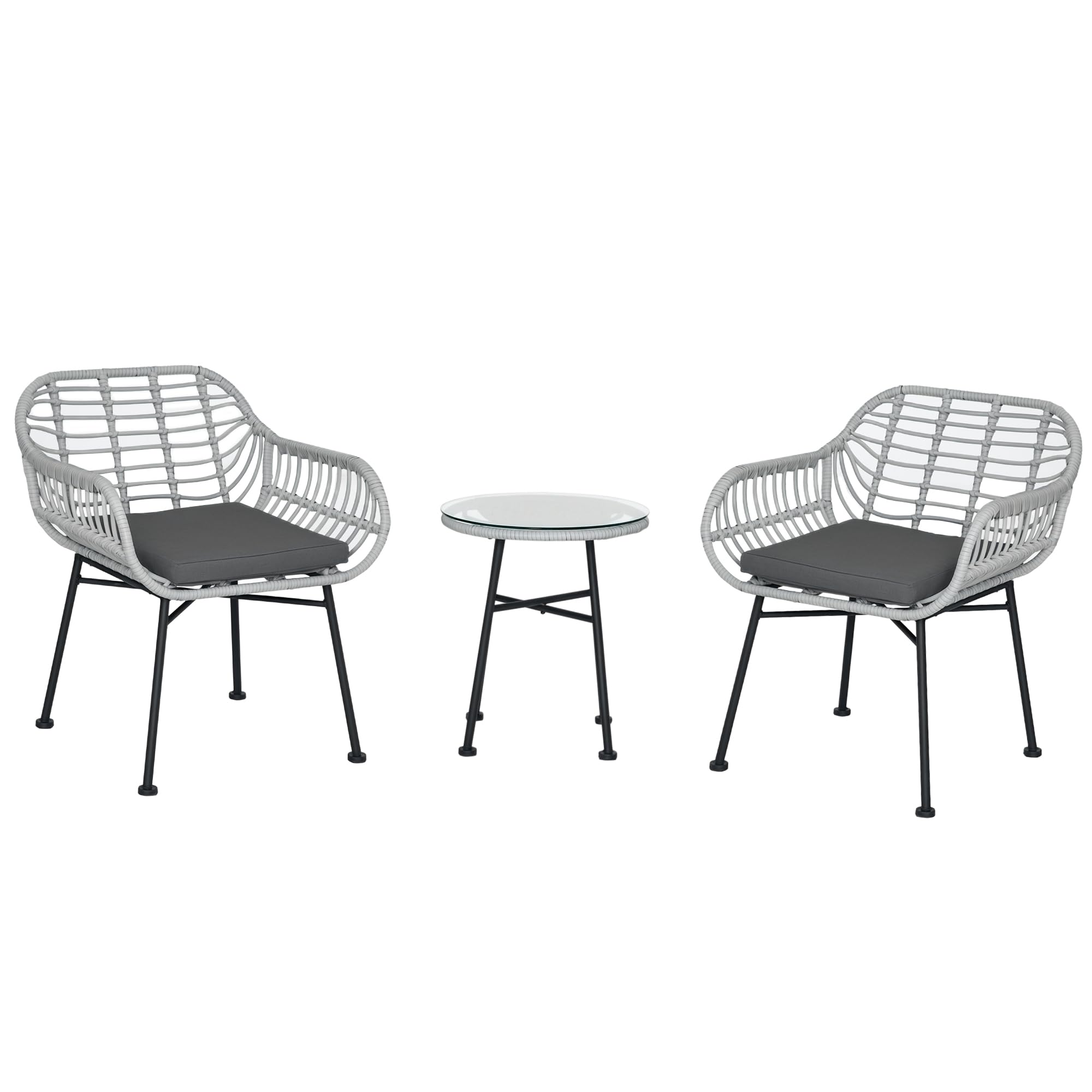 Outsunny Set Mobili da Giardino in Rattan PE 3 Pezzi, Salotto da Esterno con 2 Sedie e Tavolino in Vetro, Grigio