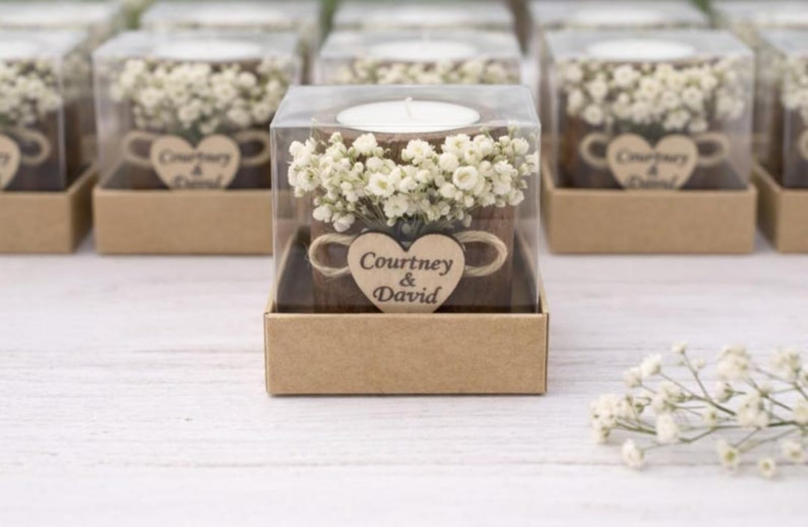 Personalisierte Kerzen, Hochzeitsgeschenke für Gäste, rustikales Holz-Teelichthalter-Set mit Namen und Datum, Dankeschön, Babyparty/Brautparty, Gastgeschenke für Gäste (50 Stück)