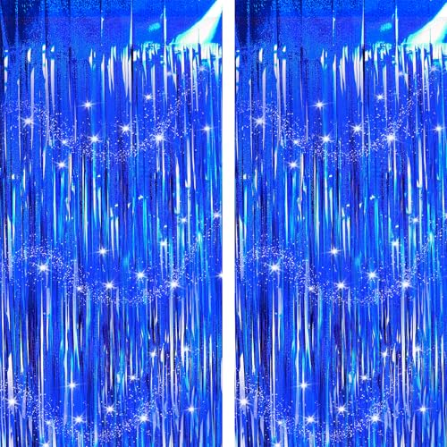 Blue Backdrops Curtains Party Decorations, Tinsel Streamers for 30th Birthday Decorations, Photo Booth Props for Wedding, Baby Shower, 2Pack 3.28X6.56Ft