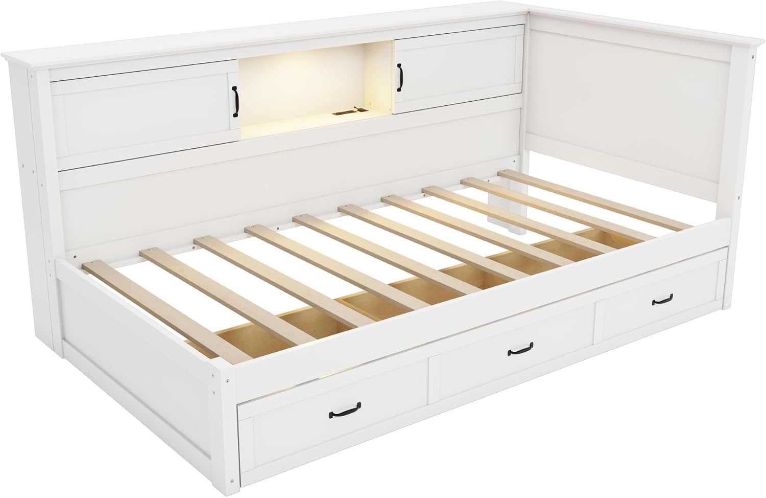 Twin Daybed with L-Shaped Bookcase Headboard and Storage Drawers, Wood Corner Bed with Led Downlight, Charging Station and Shelves for Kids Boys Girls, White