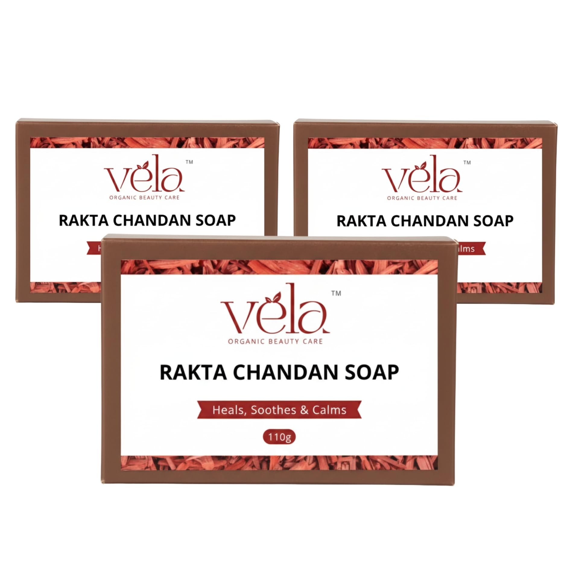 Vela Organic's Rakta Chandan Handmade Soaps for Bath | Sulphate & Paraben Free | With Shea Butter & Coconut Oil | Glowing & Skin Brightening Soap for Men & Women (330 Gms Pack of 3)