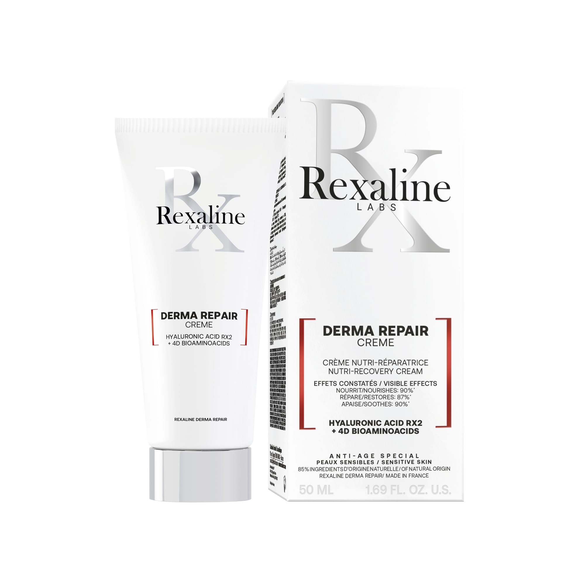 Rexaline Derma Repair Crème – Soin Réparateur Peaux Sensibles, Sèches ou Irritées – Hydratation Profonde & Apaisement – Acide Hyaluronique RX2 – Sans Silicone – 50ml