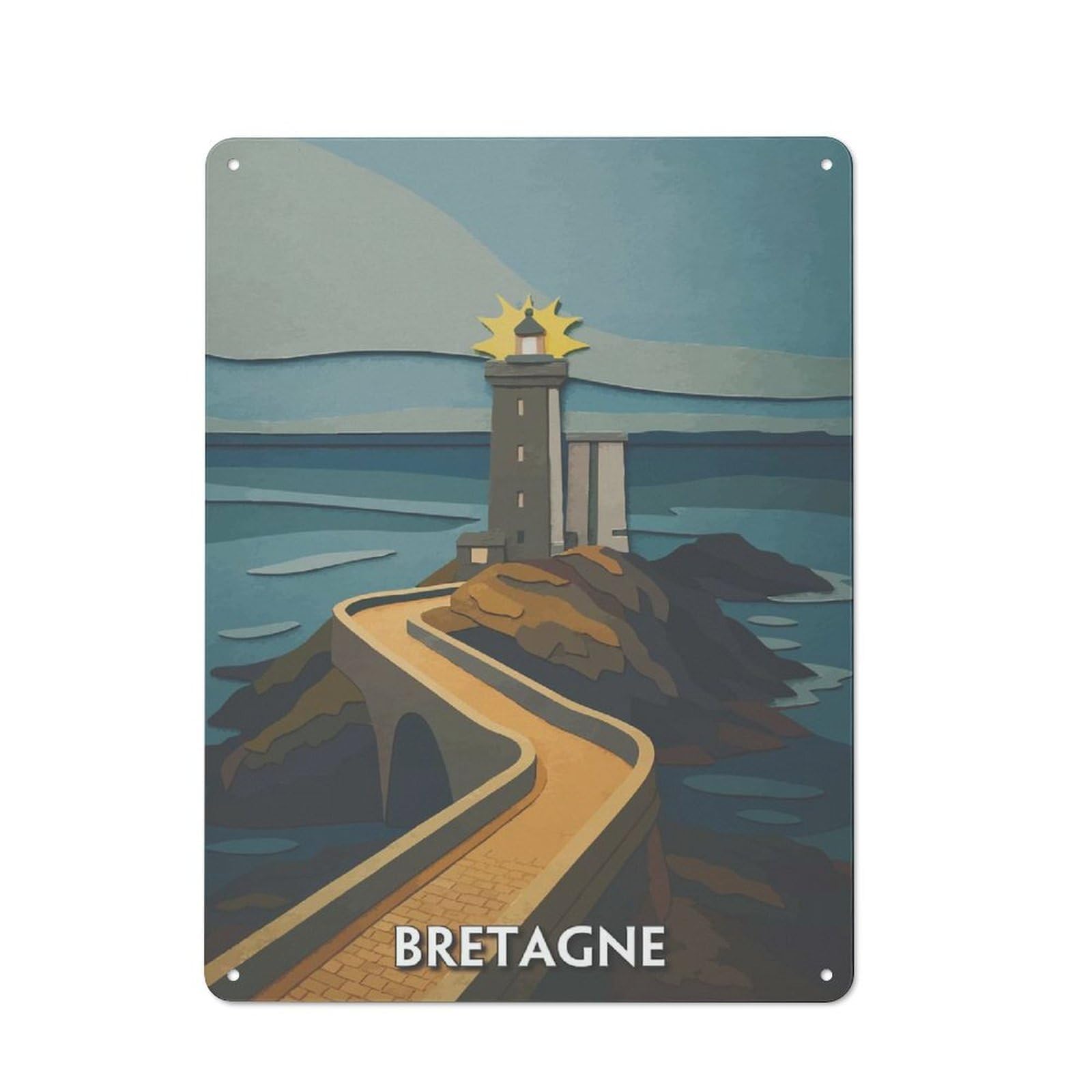 Bretagne Lighthouse Travel Warehouse Style Metal Wall Decor 40x30cm, Metal Wall Sign for Workspace, Cafe, Hallway Or Garage