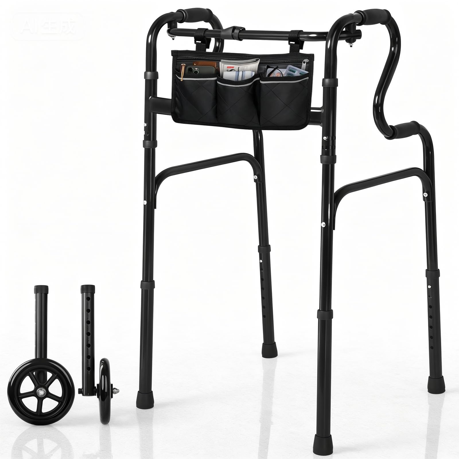 Marco de pasamanos escalonado negro con ruedas, marco plegable de aluminio para personas mayores, andador plegable de altura ajustable para personas mayores, marco ligero Zimmer, 2 ruedas con