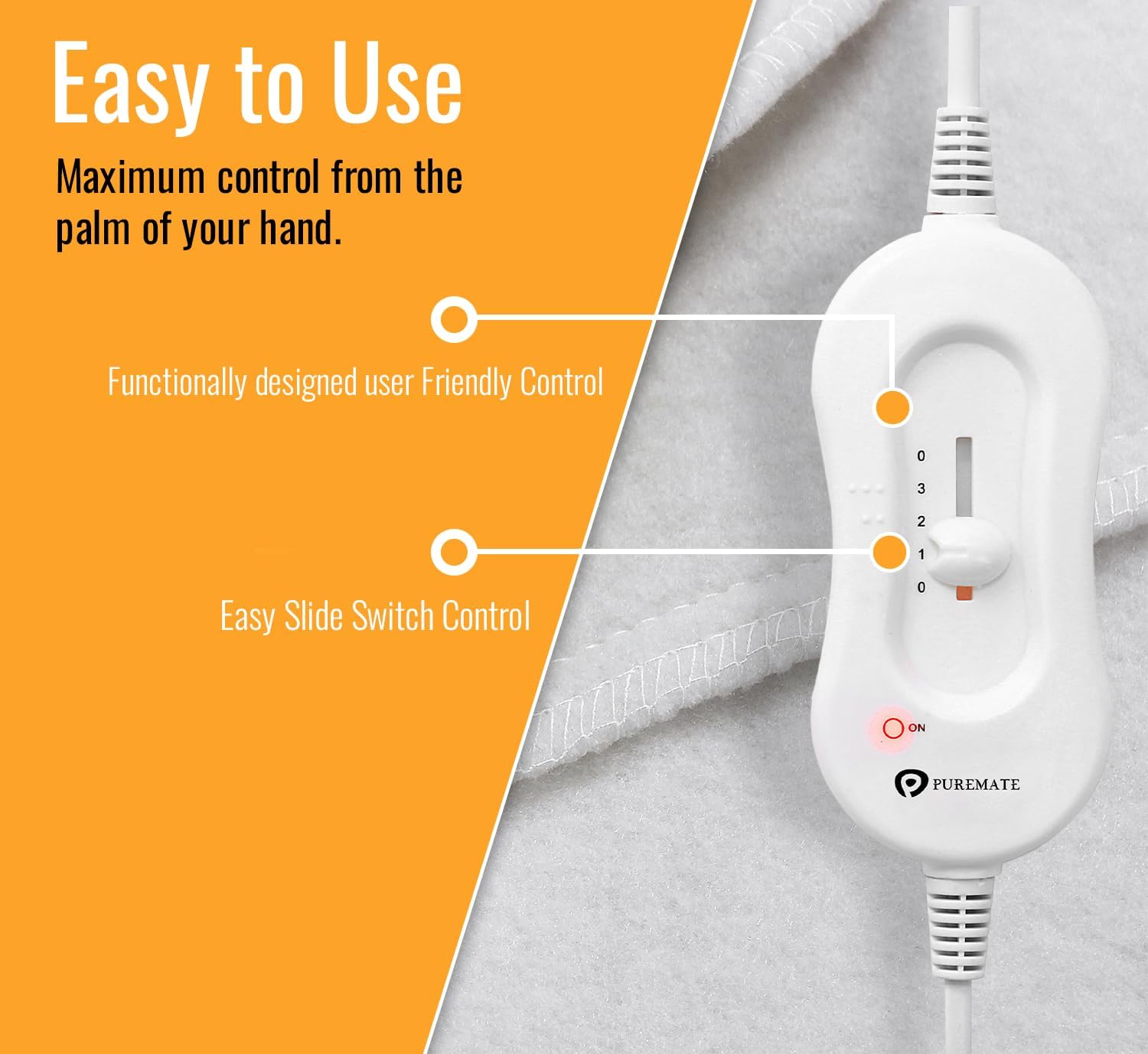 Close-up of the electric underblanket controller with a slide switch for heat settings 0, 1, 2, 3 and an 'ON' indicator light