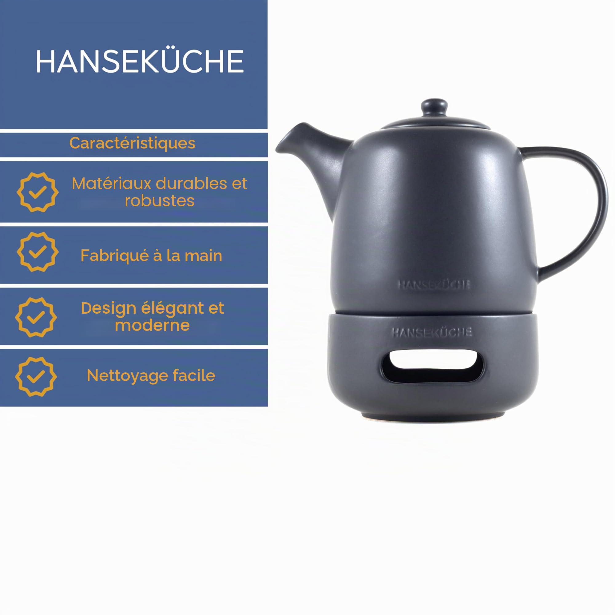 Hanseküche Théière avec réchaud – Théière de haute qualité avec infuseur amovible en acier inoxydable 304 – Design de récipient à thé pour thé en feuilles et sachets de thé, théière isotherme, noire