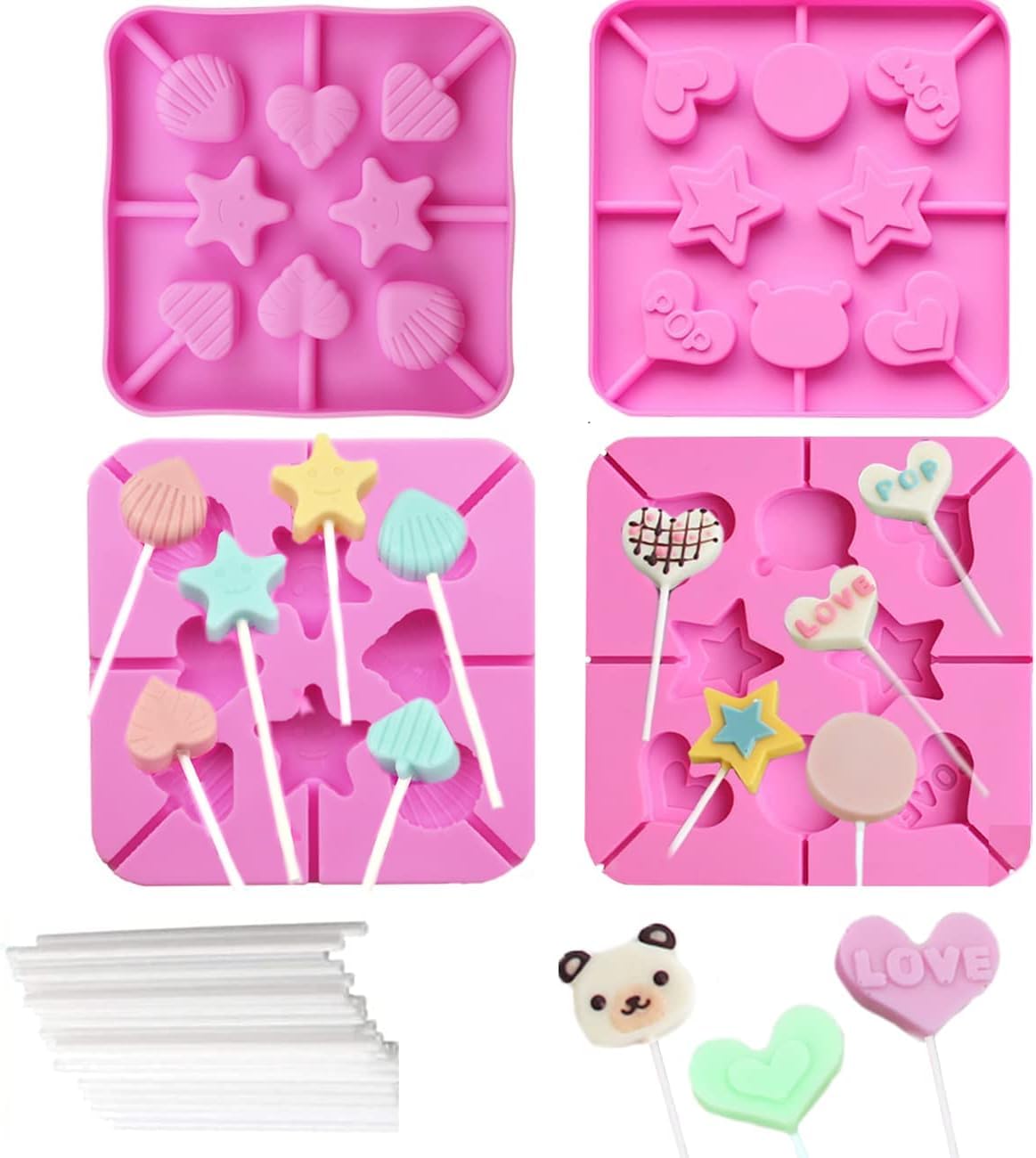 – 4Pcs Heart Lollipop Candy Silicone Molds 8-Cavities Food Grade Heart Chocolate Hard Candy Molds with Shape of Double Heart, Star, Love, Round, Shell, Bear Including 80 Lollipop Sticks, 2 Styles