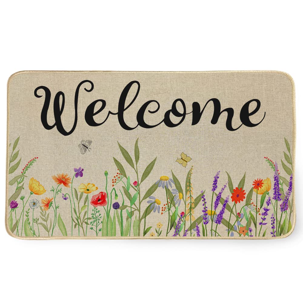 Spring Welcome Doormat 17 x 29 Inch, Flower Decorative Door Mat Non-Slip and Washable Rubber Backed Seasonal Entryway Rugs for Indoor Outdoor DM062