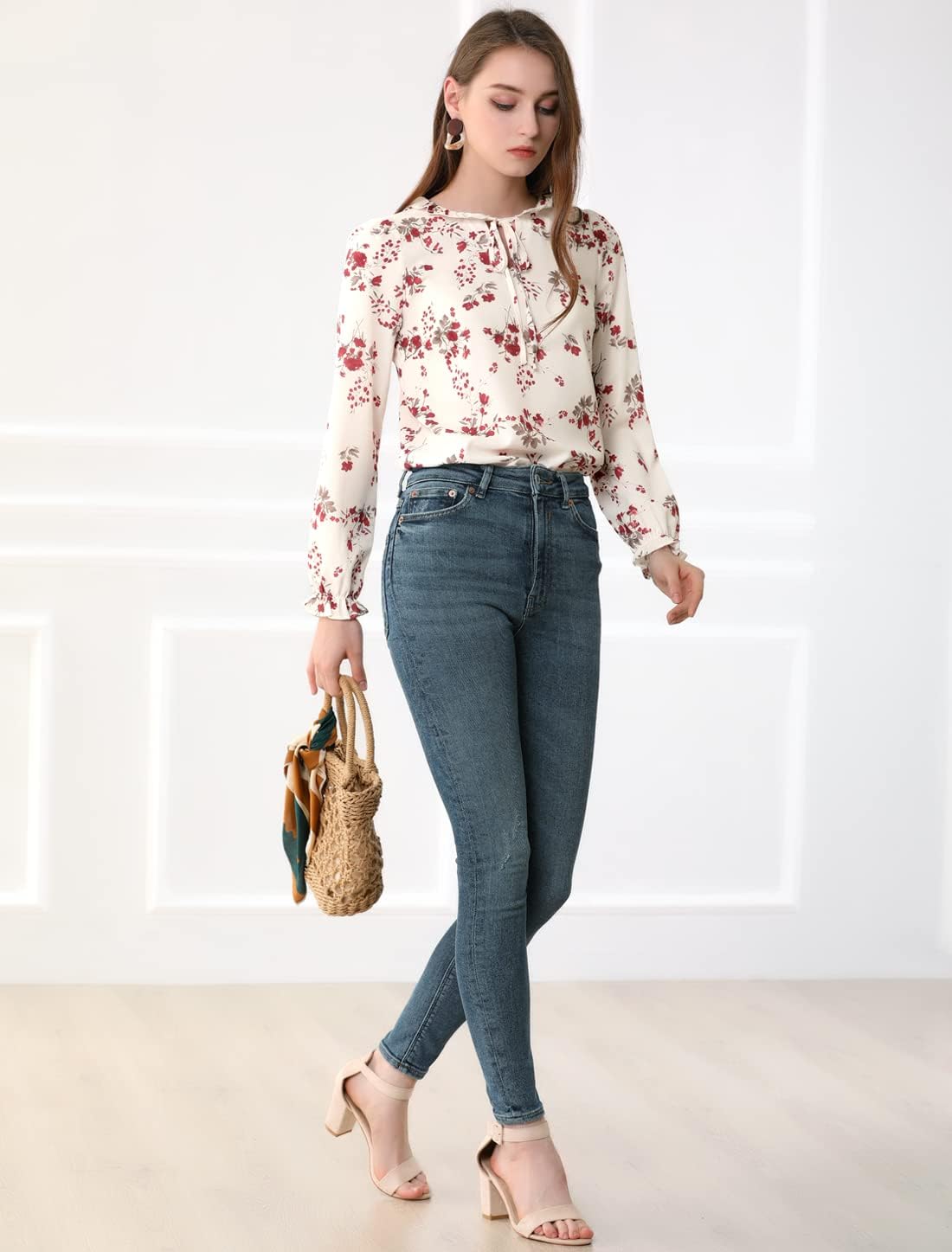 Allegra K Women's Ruffed Neck Long Sleeve Tie Neck Keyhole Front Chiffon Floral Blouse - Image 4