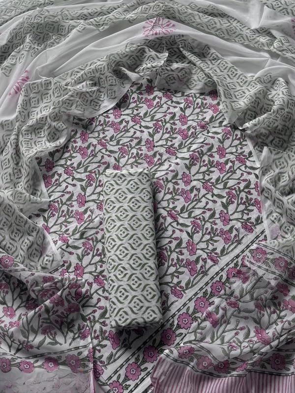 Image of Eddika women unstitched hand block printed cotton suit set with mulmul dupatta ehbpcswmd0120P