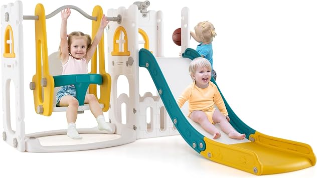 COSTWAY Toddler Swing and Slide Set, 7 in 1 Freestanding Kids Slide Playset with Swing, Basketball Hoop, Ladder, Telescope & Storage Space, Indoor Playground for Ages 1-3 Yellow + Green + White