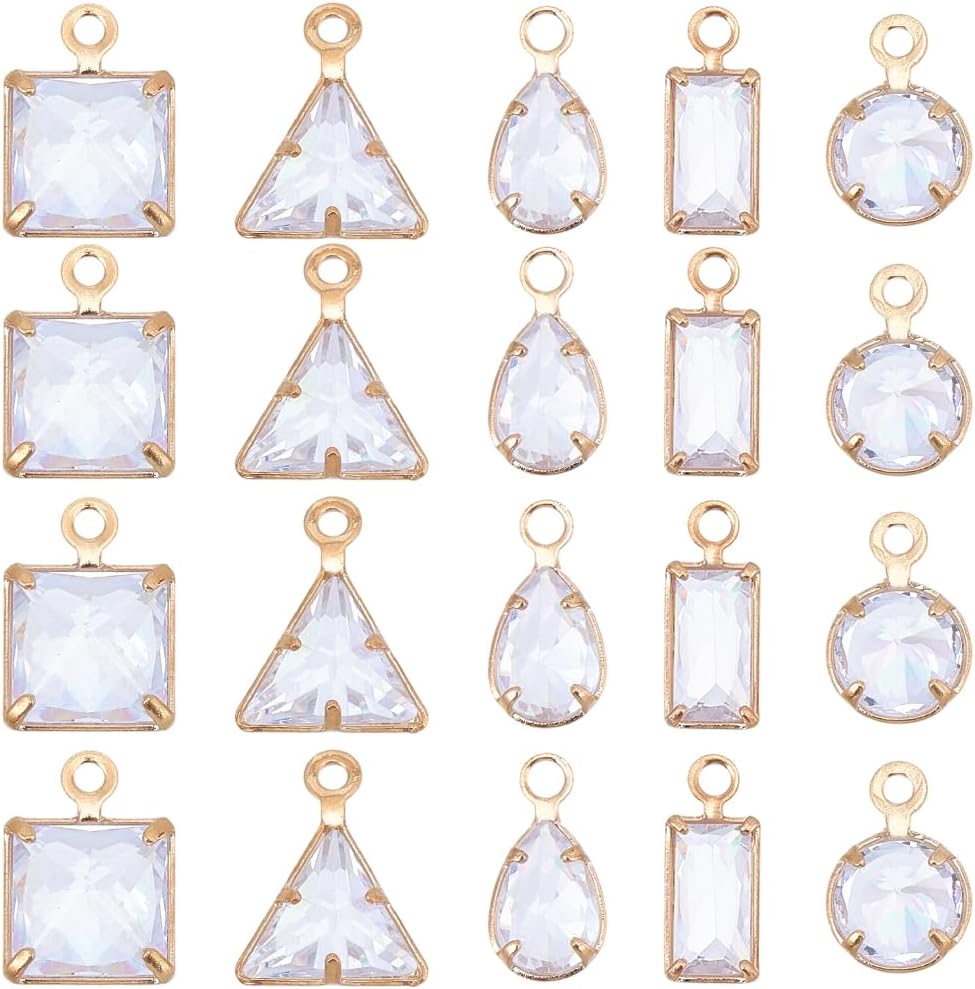 SUNNYCLUE 1 Box 30Pcs Cubic Zirconia Charms Faceted Crystal Charms Metal Gold Geometric Teardrop Square Rectangle Triangle Round Rhinestones Pendants for Jewelry Making DIY Earring Bracelet Necklace