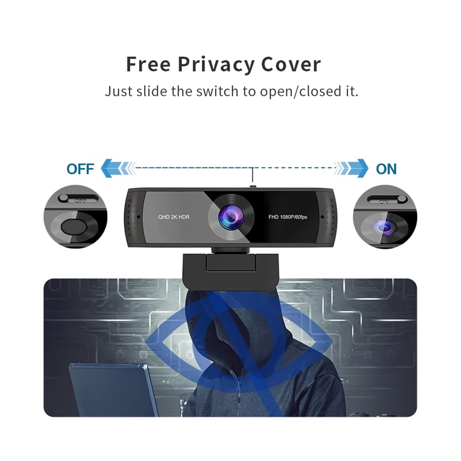 Webcam Webcam QHD 2K HDR 30FPS Webcam Autofocus 1080P 60FPS Web Camera con microfoni con cancellazione del rumore e copertura for la privacy for live