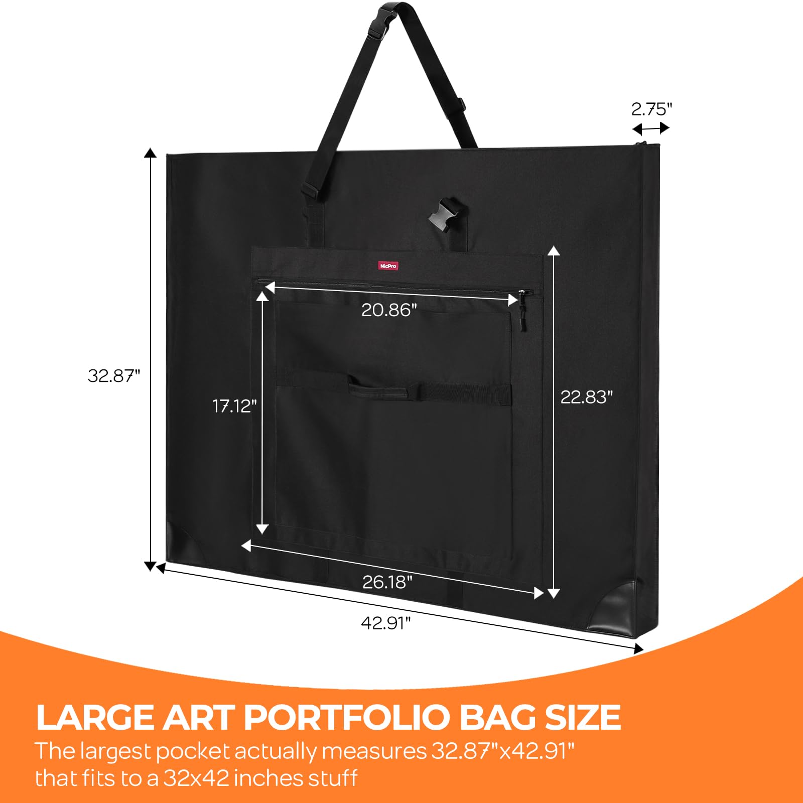 Nicpro Ampia custodia a soffietto per arte, 81,3 x 106,7 cm, borsa grande per opere d'arte | Tracolla regolabile, tessuto 600D, angoli in pelle resistente, impermeabile, portfolio per schizzi su tela artistica