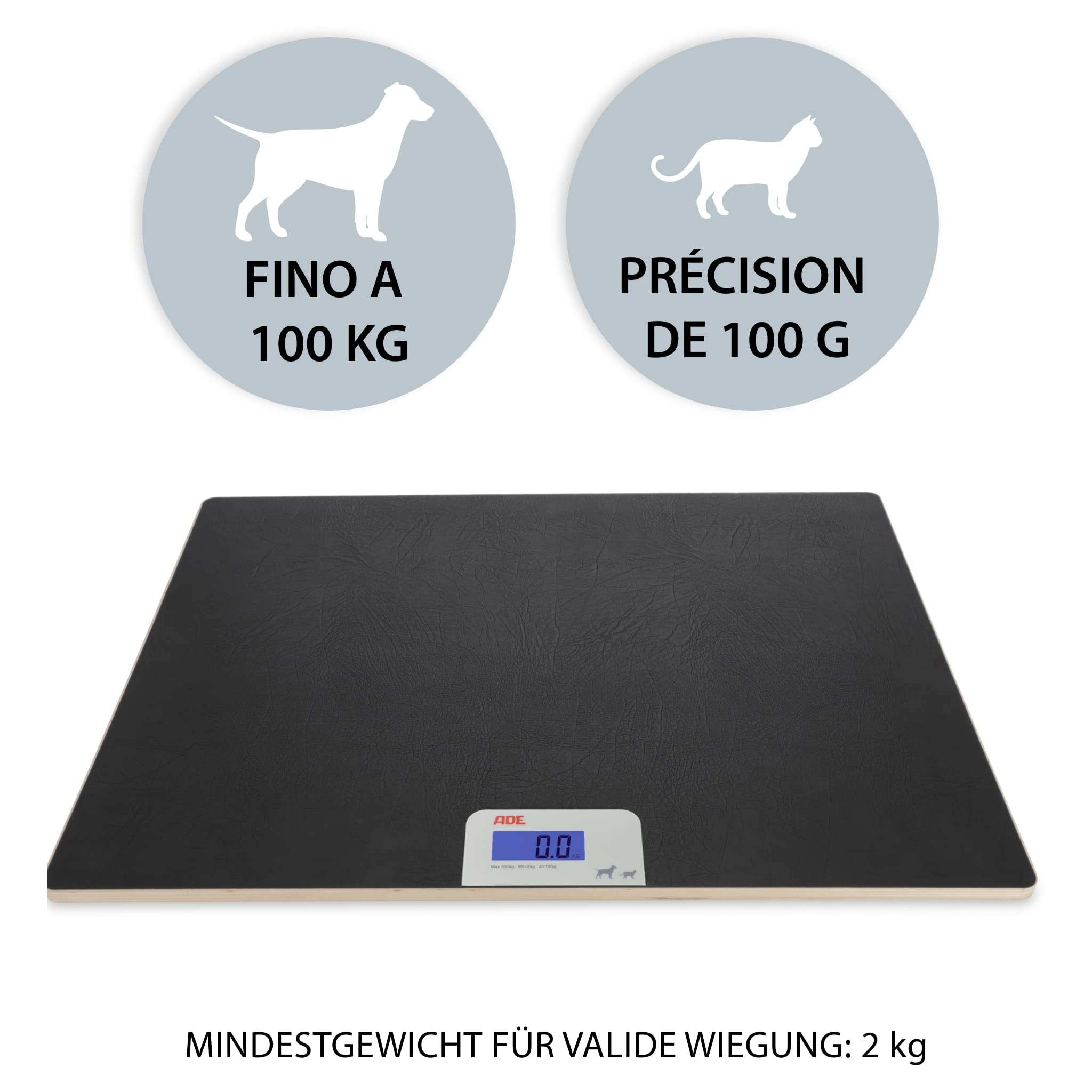 ADE Bilancia digitale per animali domestici fino a 100 kg | bilancia per cani di taglia grande XL | extra leggera e piatta | superficie adatta alle zampe | anche per gatti e piccoli animali