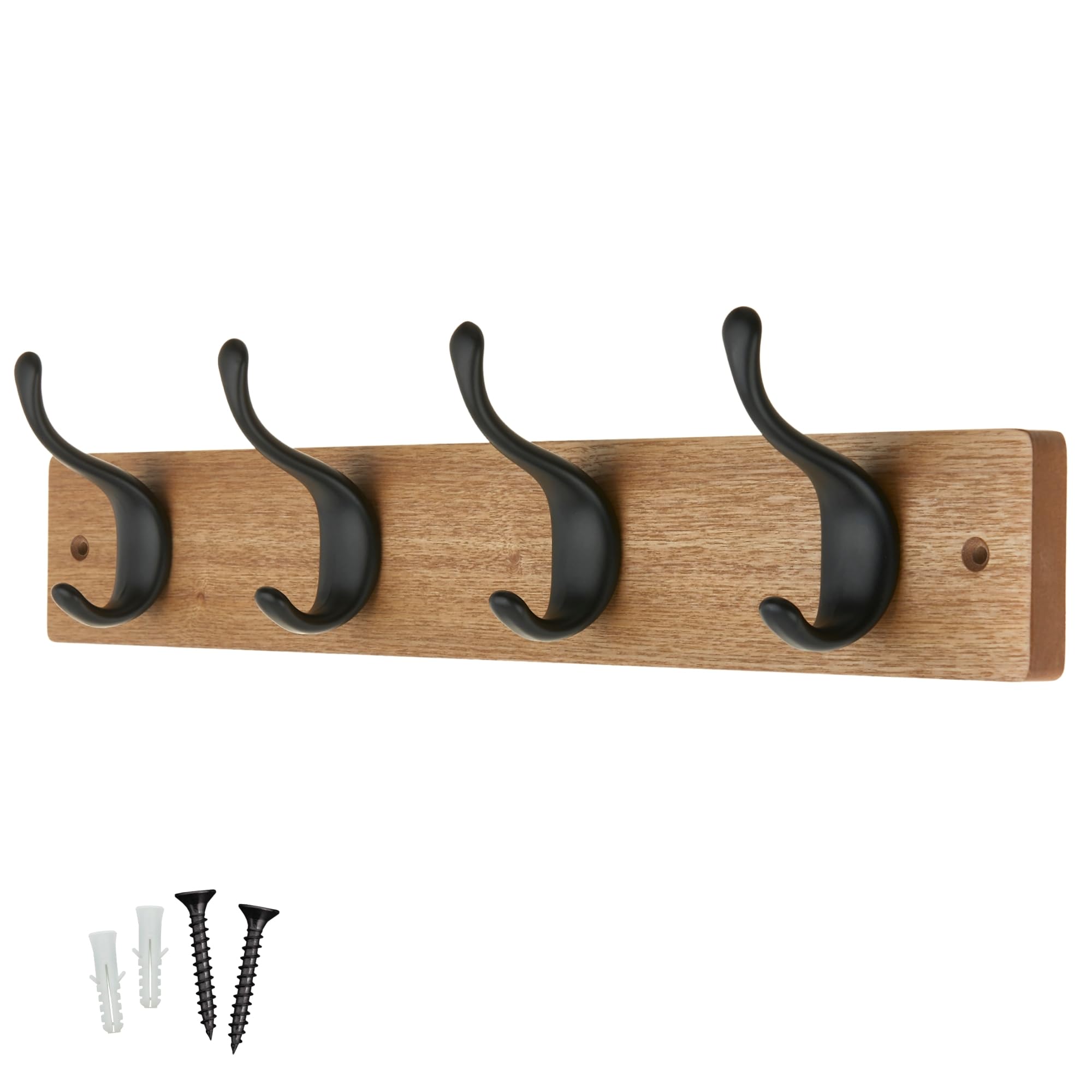 Keypak Ash Effect / Matte Black 4 Coat Hooks On Wooden Board - Modern Wall Mounted Coat Rack Clothes Hanger