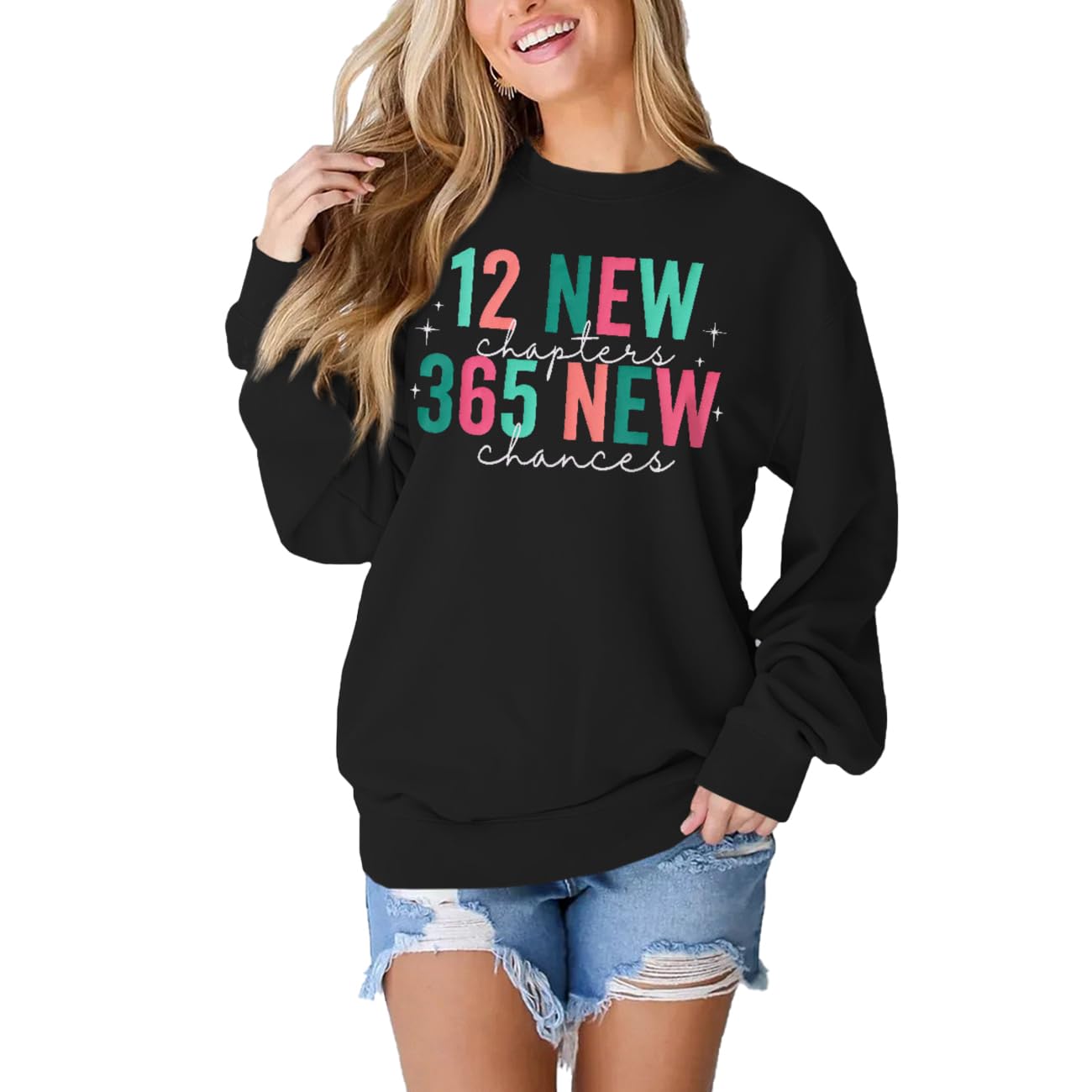 SOFEON Happy New Year Sweatshirts for Women Christmas New Year Eve Sweatshirt Colorful Letter Print Crewneck Pullover Tops