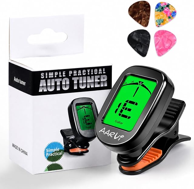 AARVI Clip sur guitare Tuner pour tous les instruments, guitare acoustique/électrique, Ukulele, Basse, Violon, Banjo, Grand clair LCD Affichage pour l'écoute de guitare, Tuner chromatique, 4 Paquets de guitare inclus