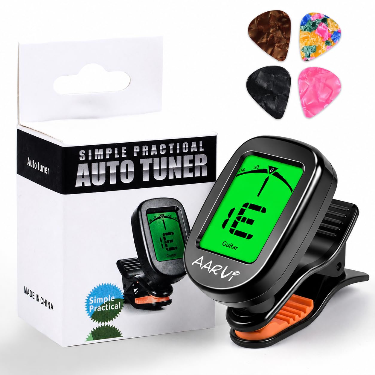 AARVI Clip On Guitar Tuner for All Instruments Acoustic/Electric Guitar Ukulele Bass Violin Banjo Large Clear LCD Display for Guitar Tuning Chromatic Tuner 4 Pack Guitar Picks Included