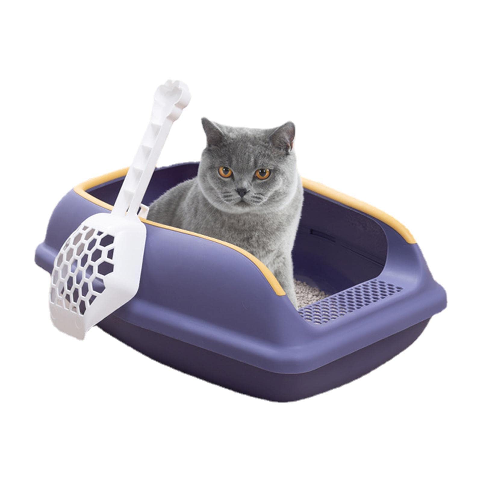 Square High-Sided Cat Litter Tray With Scoop - 58x38.5x16cm, Anti-Spill, Grey/White, Easy Clean