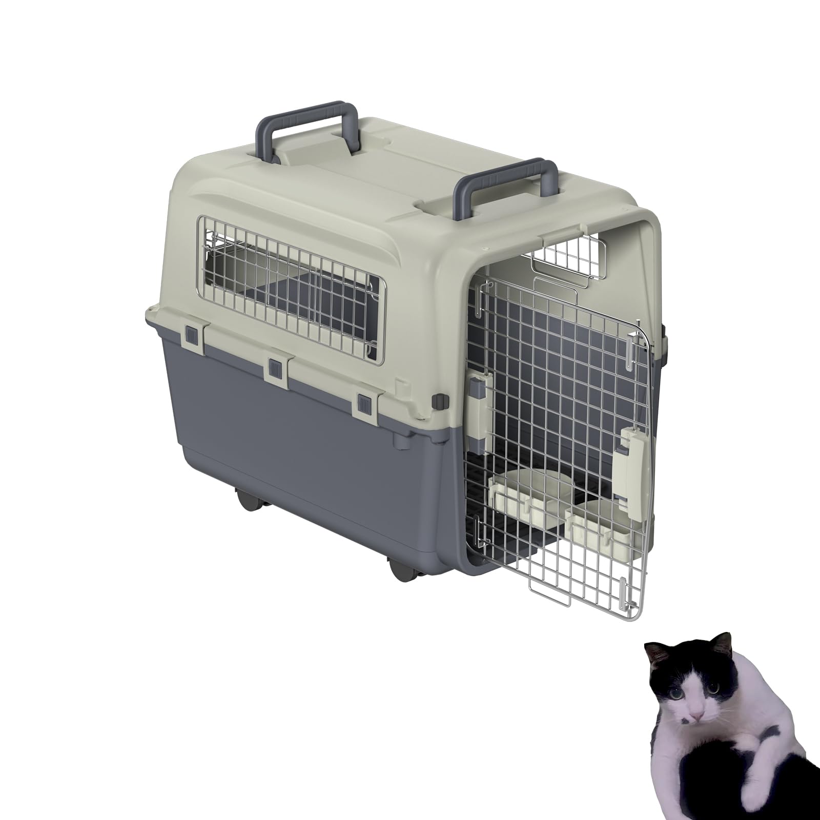 NAIZY Transportín para gatos, 67 x 51 x 58,5 cm, caja de transporte para gatos con puerta de metal y rejillas de ventilación, hasta 12,5 kg, incluye almohadillas de rosas, comederos y ruedas