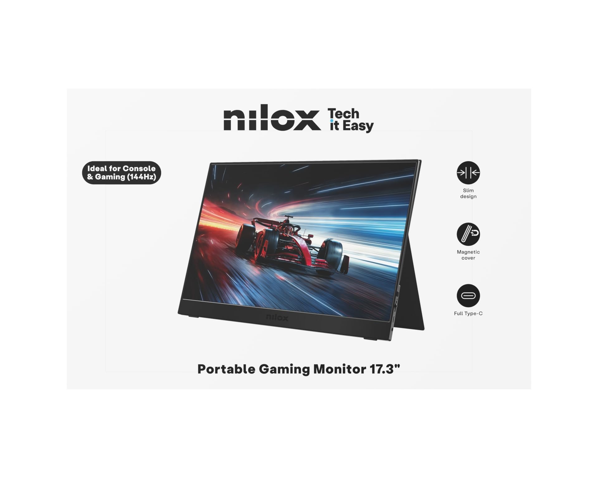 Nilox NXMP17FHD1441 Monitor Portatile 17.3'' IPS Full HD, Frequenza 144 Hz, Connessioni USB‑C e Mini‑HDMI, Design Ultra‑Sottile