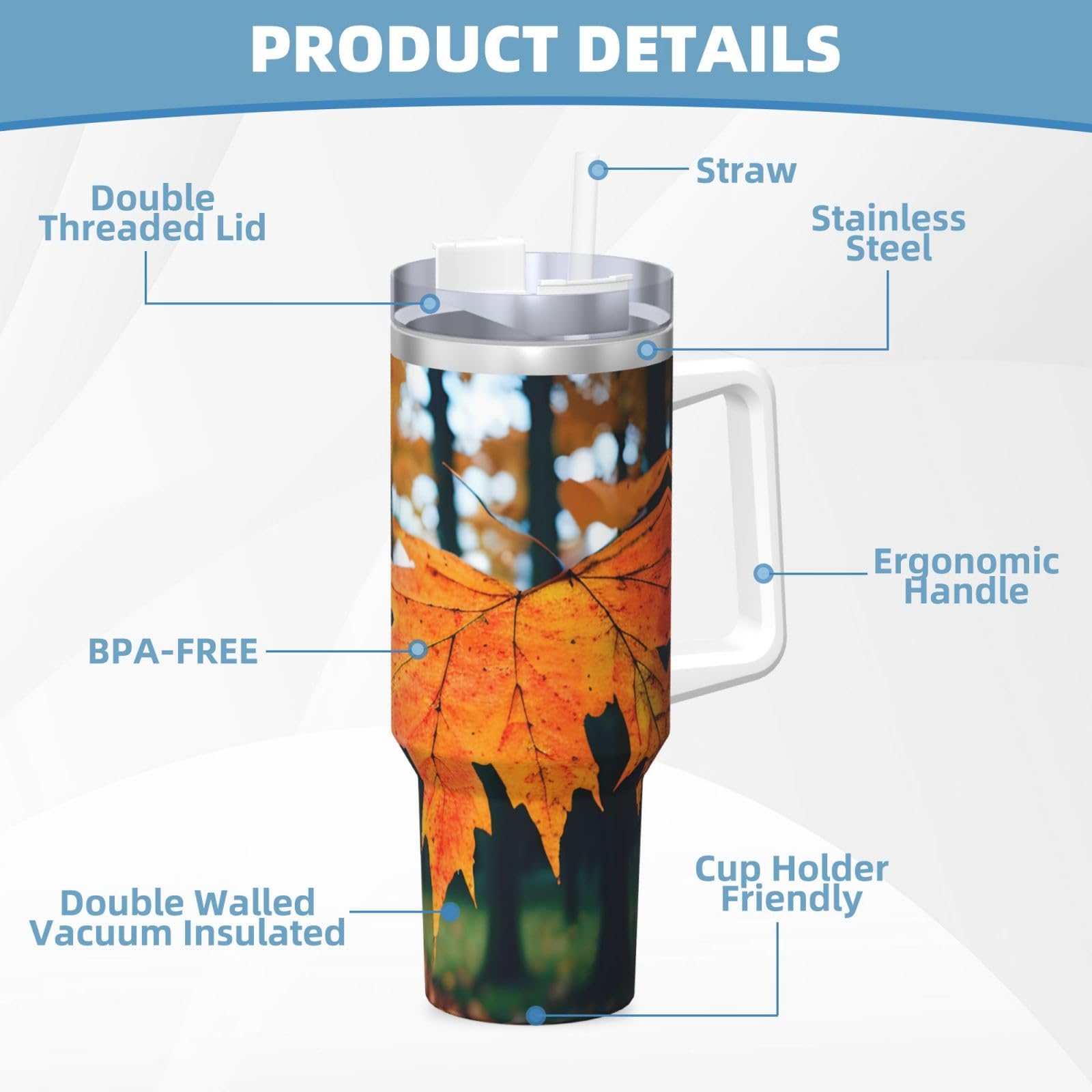 Wasserflasche mit Herbstmuster, Edelstahl, doppelwandig, isoliert, mit Griff und Strohhalm-Deckel, 1,2 l