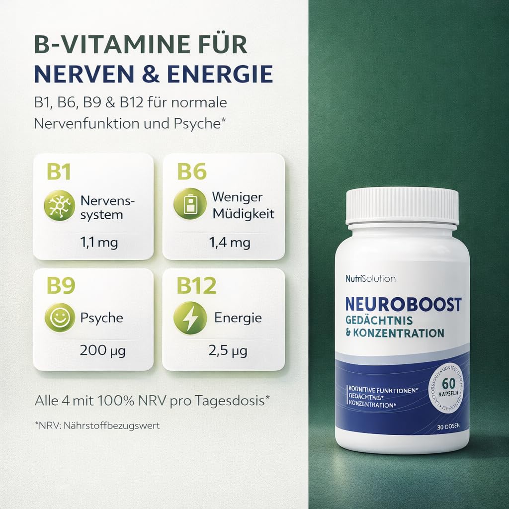 Neuro Boost par Nutrisolution - Boost Cognitif & Énergie, Vitamines B, Ginkgo Biloba, Bacopa, Acide Alpha Lipoïque, Végétalien, Fabriqué en France