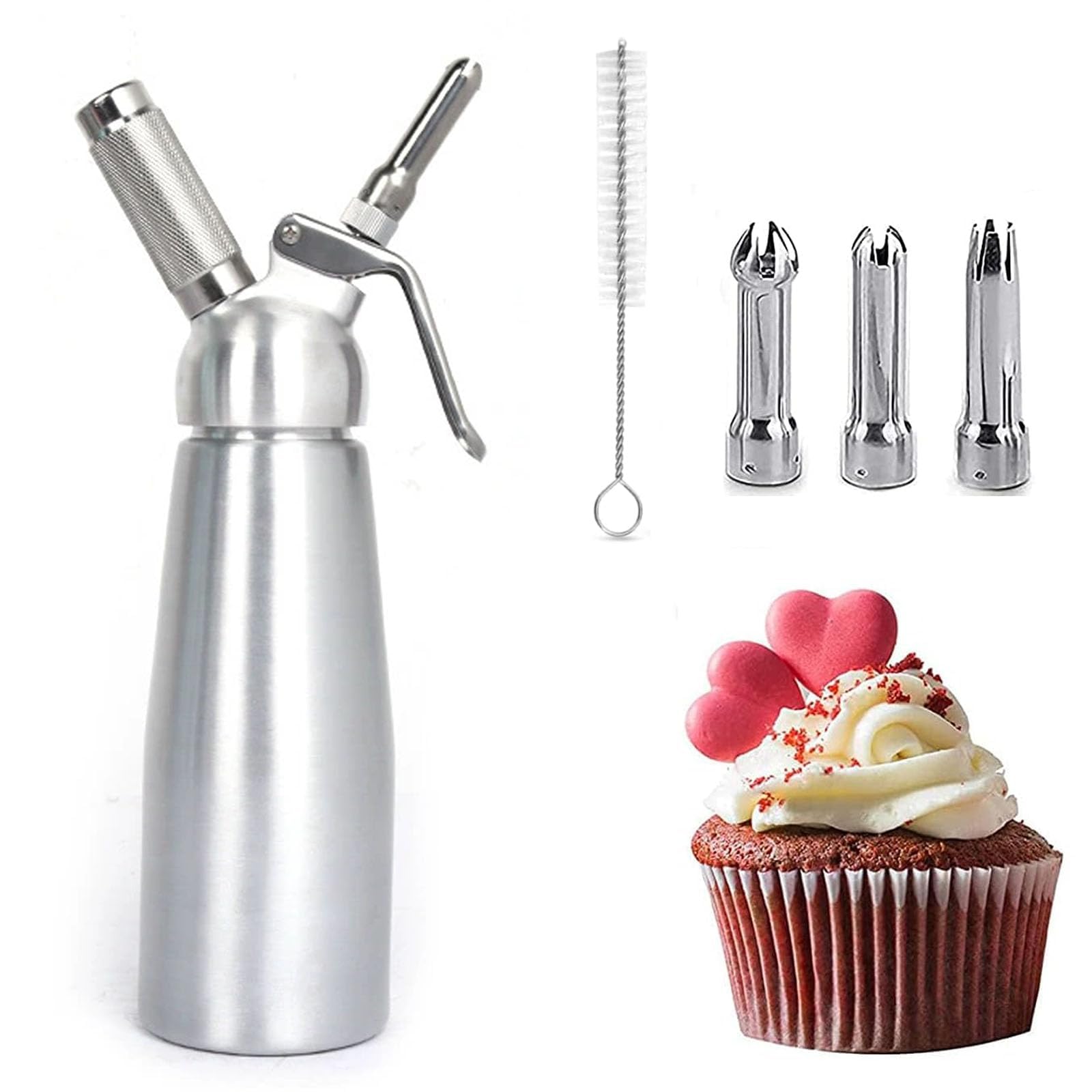 Dispenser per crema da 250 ml, sifone in acciaio inox, con 3 ugelli decorativi e 1 spazzola per la pulizia, dispenser per crema in acciaio inox per creme e salse (250 ml argento)