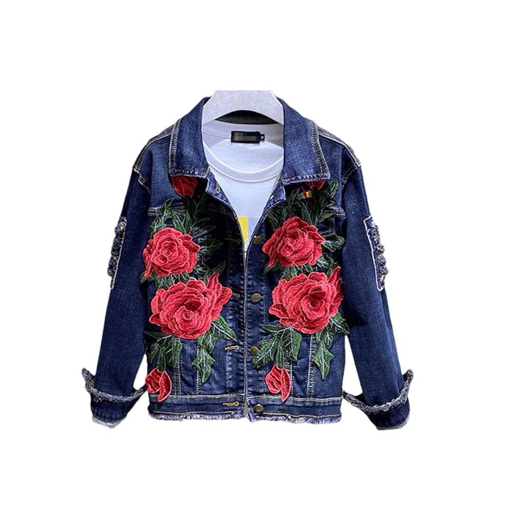 Ameri【新品未使用タグ付き✨】ROSE EMBROIDERY JACKET Amazon.com: Women's Embroidery Red Rose Short Denim Jacket