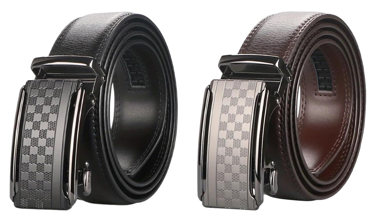 Sobo Leather Men's Brown Leather Ratchet Belt, Black And With Check Patterned Metal Plate Buckle, 3.2 Cm Width (Brown)