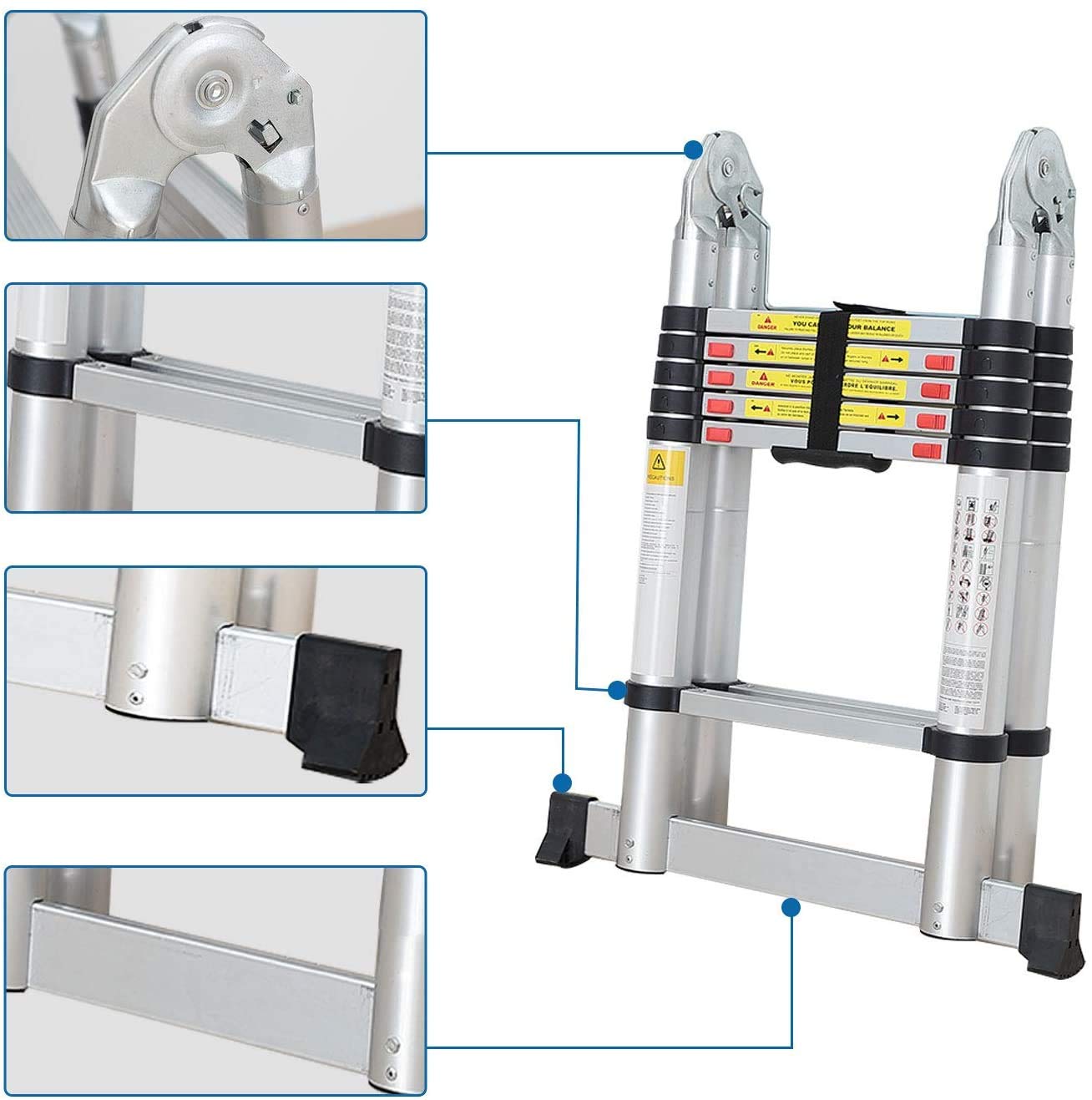 Todeco - Échelle Multifonction, Escabeau - Standards/Certifications: EN131 - Charge maximale: 150 kg - 3,8 mètre(s), Barre stabilisatrice, EN 131