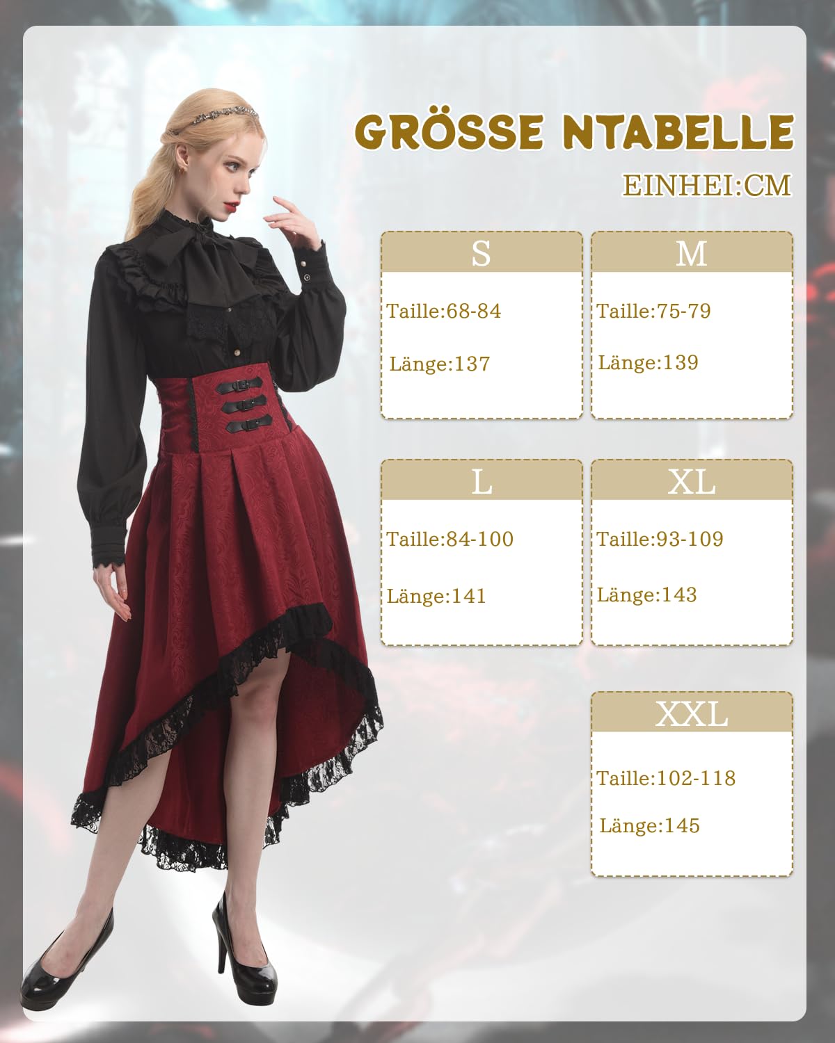 Fiamll Damen Gothic Steampunk Rock Viktorianischer Piratenrock mit hoher Taille und Rüschen