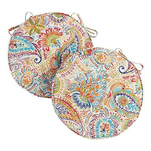 Set of 2 Round White & Multi Color Outdoor Patio Dining Chair Cushions with 2 Ties | 18'' W X 18'' D X 2.5'', UV Water Fade Stain Resistant | Box Edging with Cord Trim, Zipper Closure Removable Cover