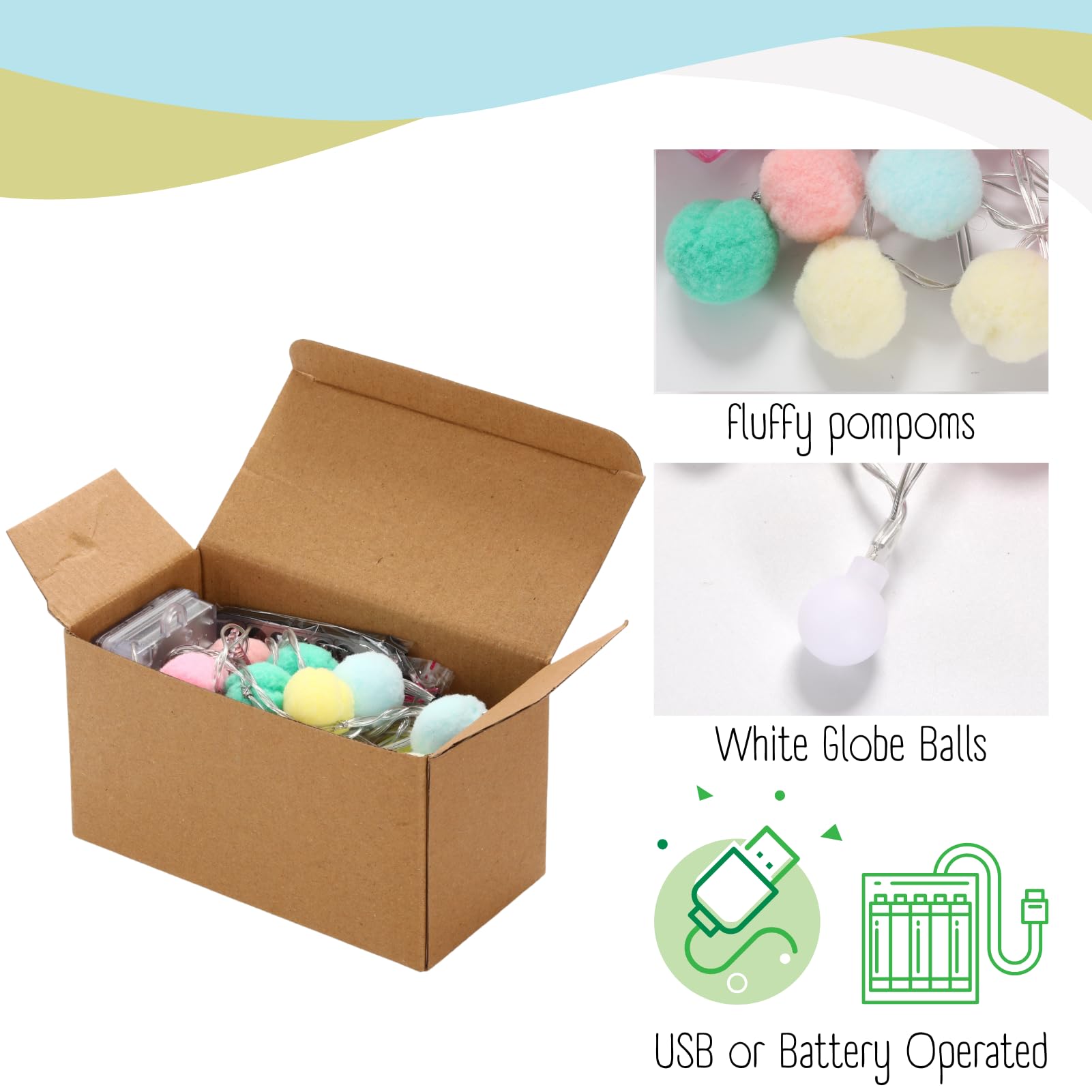 Guirlande lumineuse à pompons – 30 LED à piles et USB avec boules en forme de globe blanc chaud – Jolie décoration d'intérieur pour chambre à coucher, chambre d'enfant, maison de jeu, rentrée scolaire