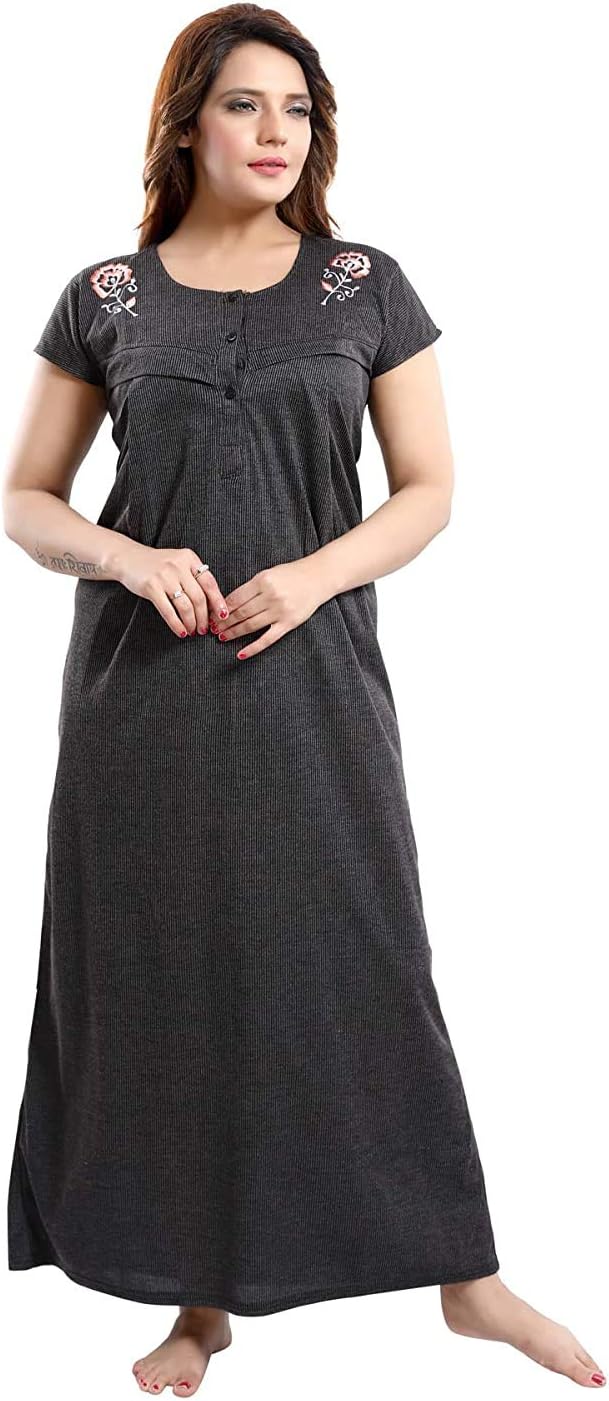 FabmeWomen's Cotton Textured Floor Length Nursing Nighty (Dark Grey_Free Size_NW080_Grey_Free Size)