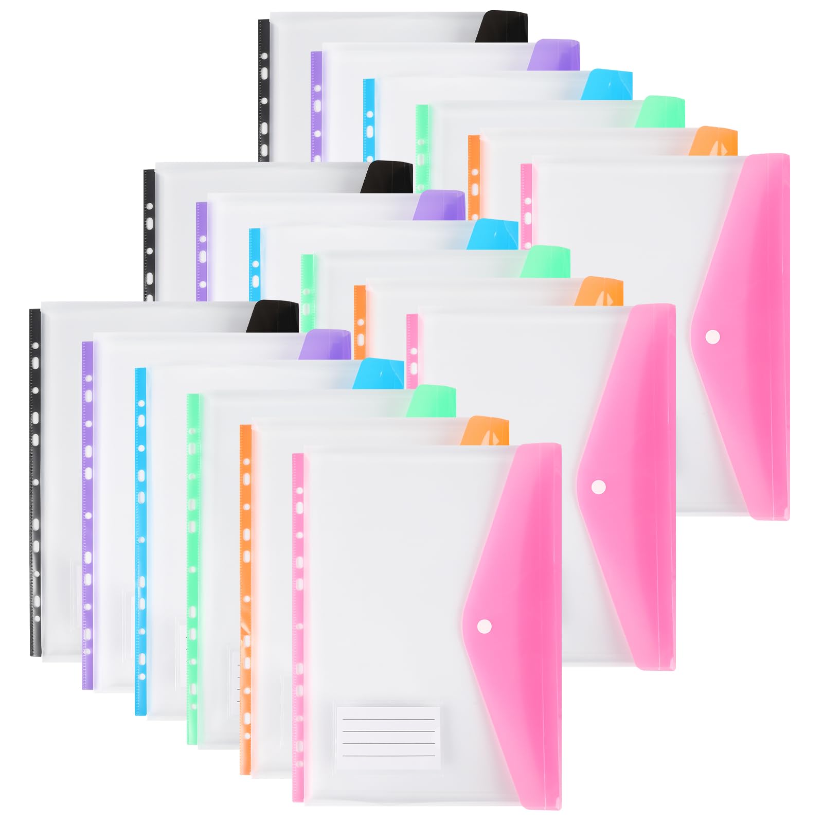 Plastic Wallets A4 Punched Pockets, 11 Holes Expandable Binder Folders for 2/3/4 Ring Document Pouch with Snap Button & Label Loose-Leaf Transparent for Office School Home (18 Pack - Side Open)