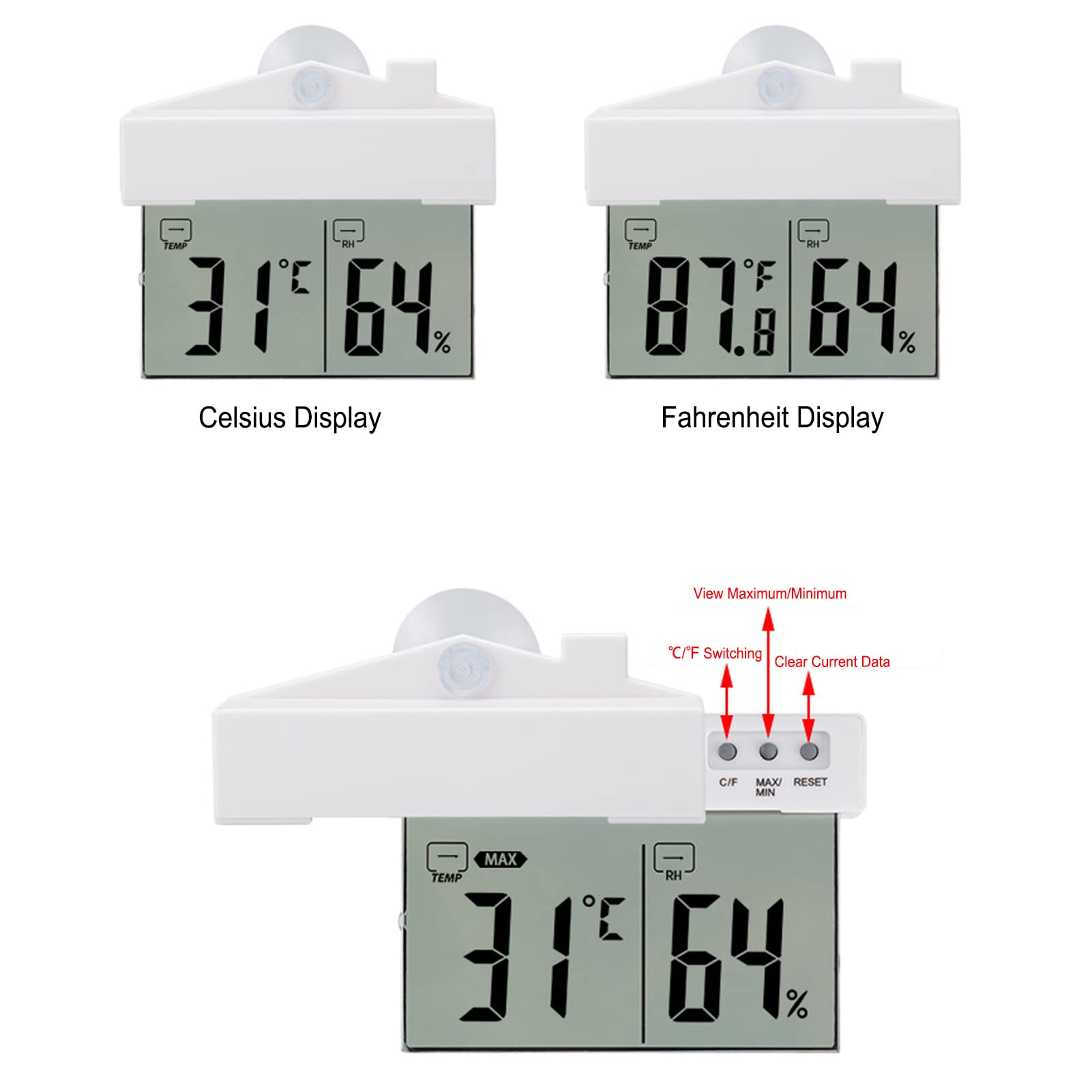 Indoor Hygrometer Thermometer, LCD Screen High Accuracy Room Temperature Monitor Humidity Meter with Suction Cup for Home, Reptile Terrarium