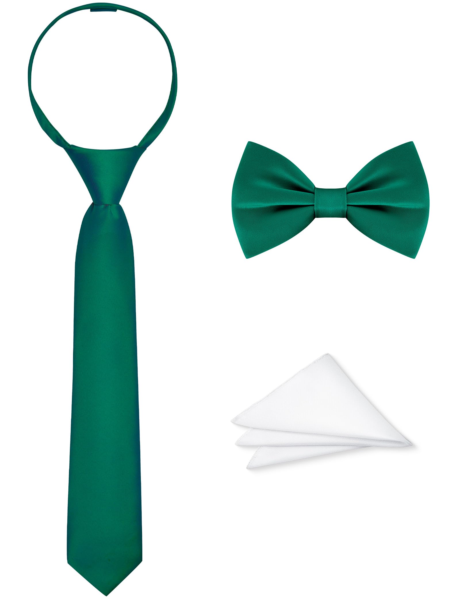 Boys Tie Set, Bow Tie &amp; Pre-Tied Zipper Necktie, Pocket Square