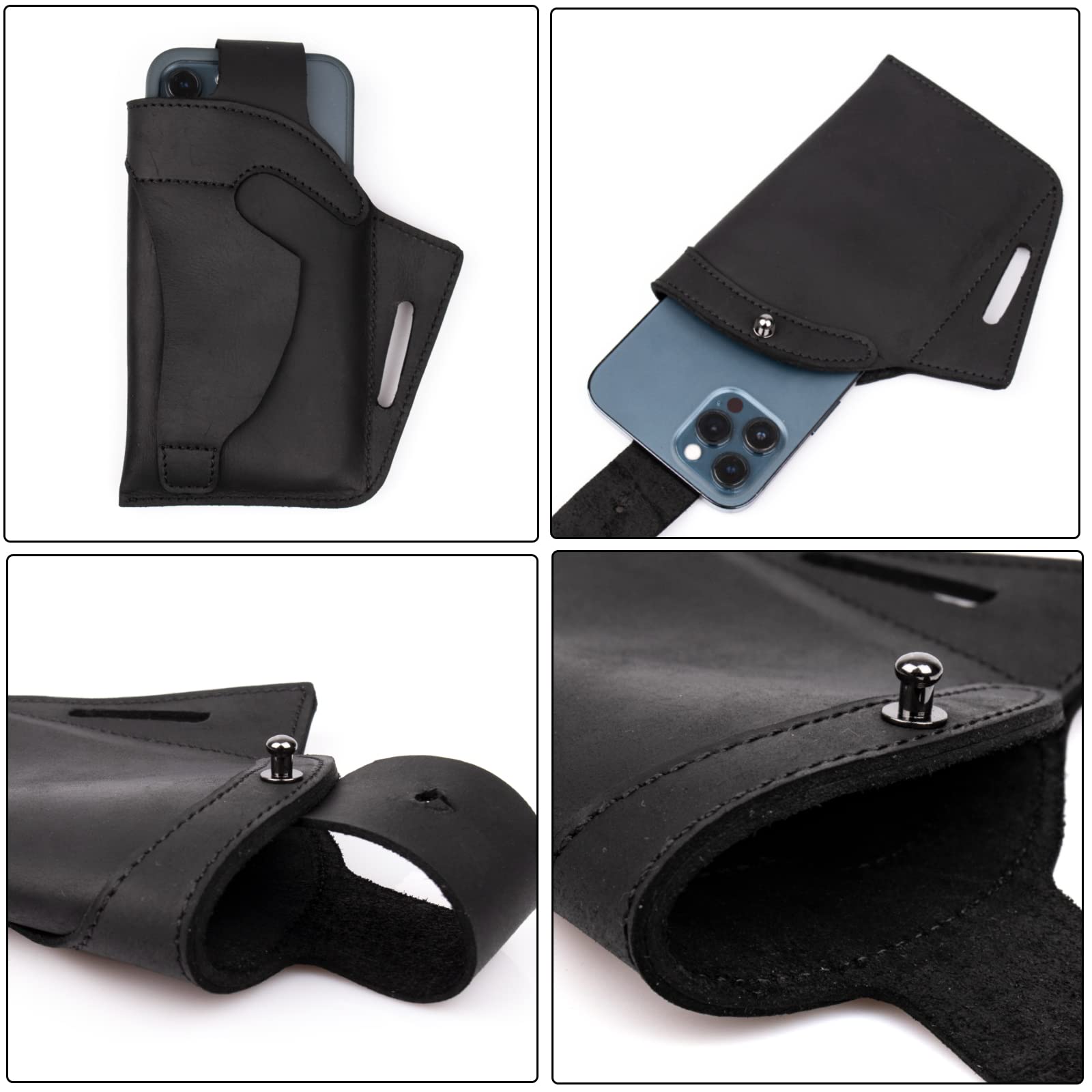 Topstache Funda de cuero para teléfono, soporte para cinturón, funda hecha a mano para teléfono celular con cuero duradero, bolsa de cuero con tapa de cuero seguro, negro.