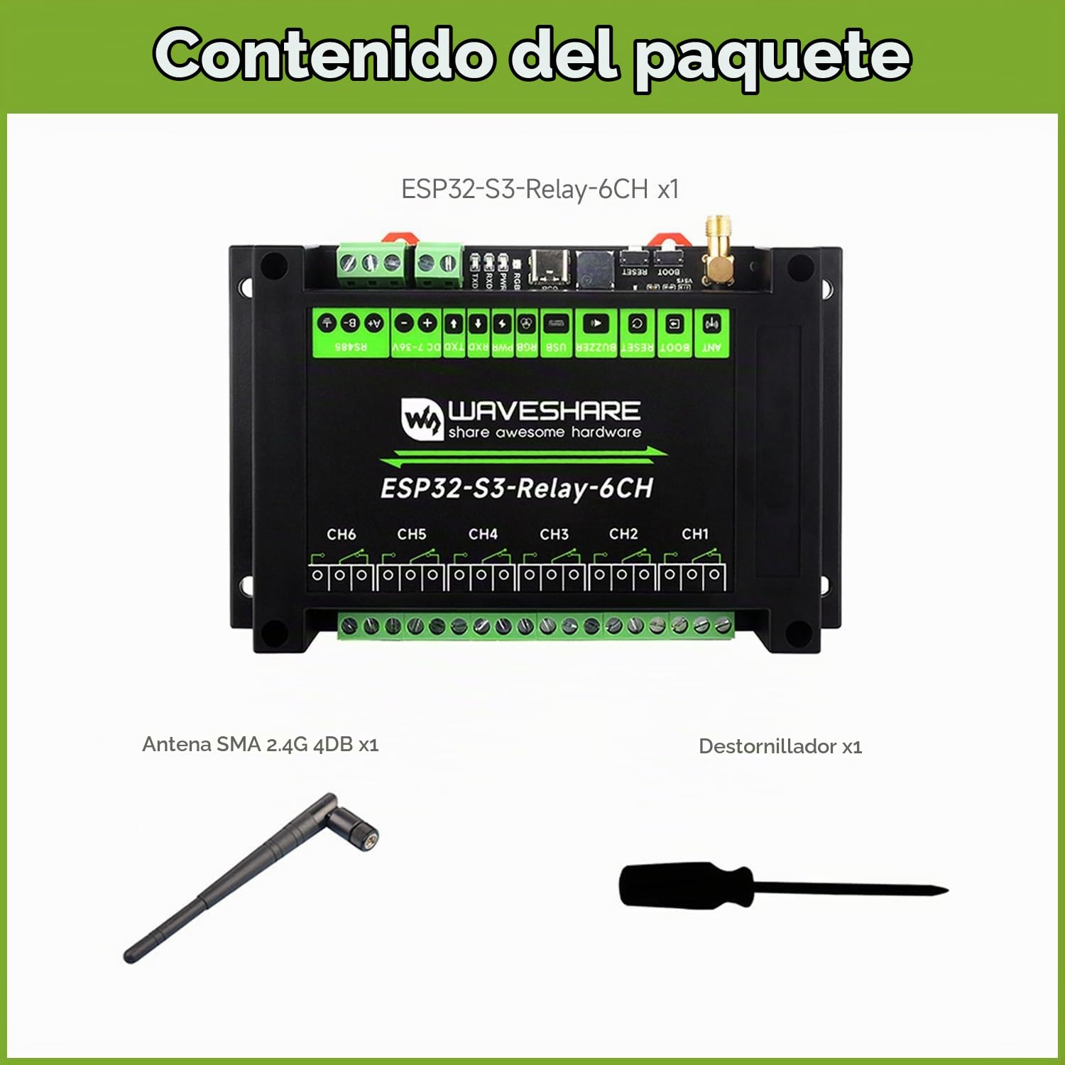 Waveshare Industrial 6-Channel ESP32-S3 WiFi Relay Module, Onboard RS485 / Pico HAT Interfaces, With Multiple Isolation Protection Circuits, Industrial-Grade, Rail-Mount Case