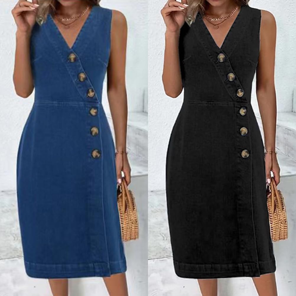 ORANDESIGNE Vestito Jeans Donna Estate Lungo Midi Abito Spalline Larghe Maglietta Senza Maniche Elegante Vestitino Denim Moda Casual Vestiti Cerimonia Dritti Cocktail da Sera