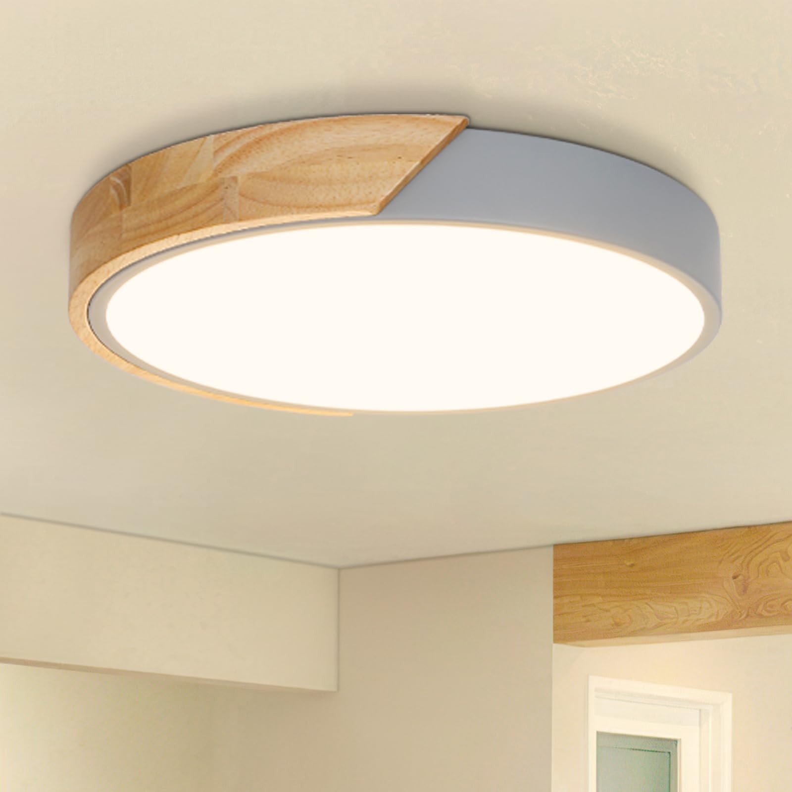 Kimjo LED Deckenleuchte Holz Rund - Grau Deckenlampe Warmweiß Holz 24W 3000K - Deckenlampe Wohnzimmer Holz 30cm für Schlafzimmer Küche Korridor Verandas