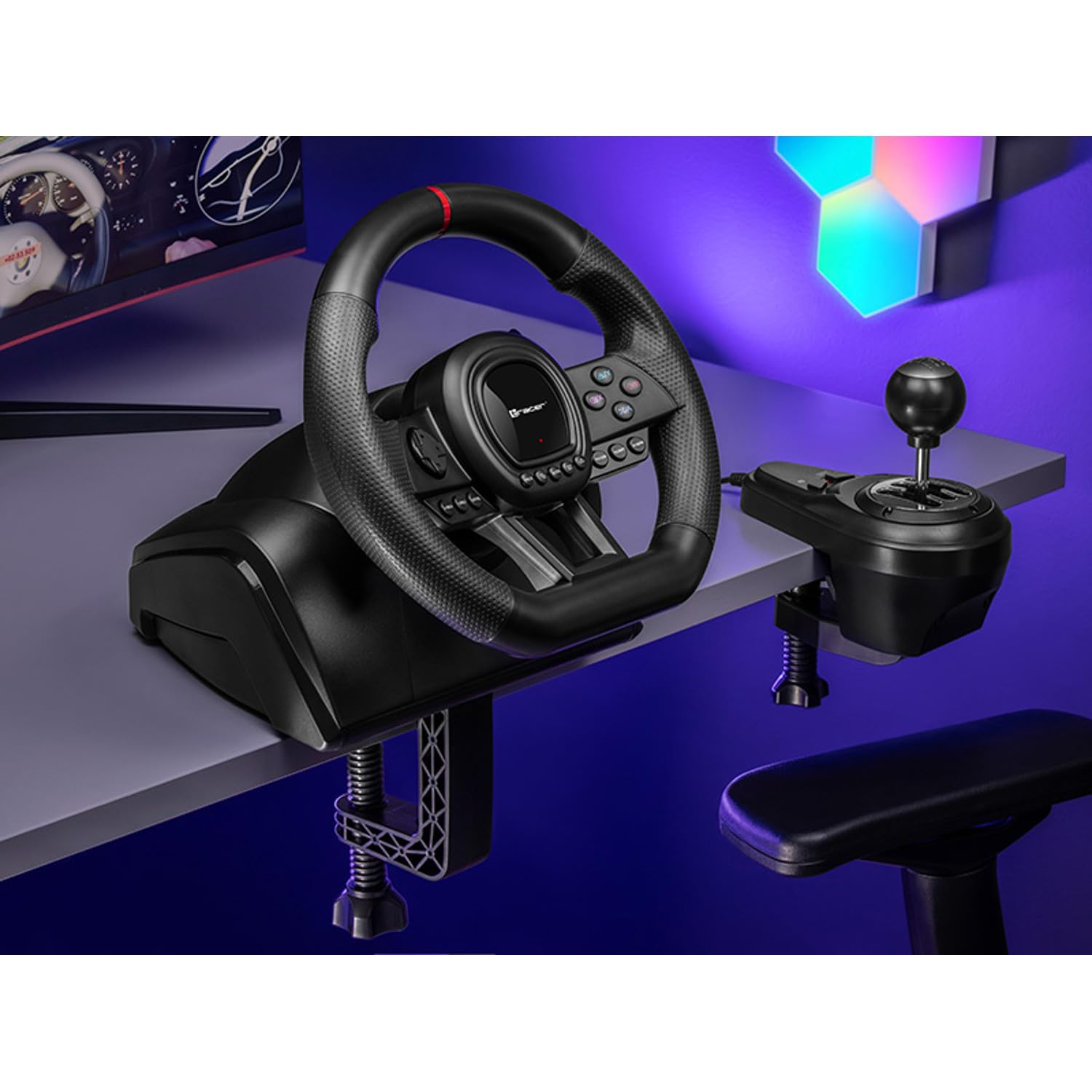 Tracer SimRacer Manual Gearbox Volante 6 in 1, Volante da corsa da gaming con pedali e leva del cambio, compatibile con PC/PS4/PS3/XONE/X360/SWITCH, Angolo di sterzata di 270 gradi, 8 Pulsanti