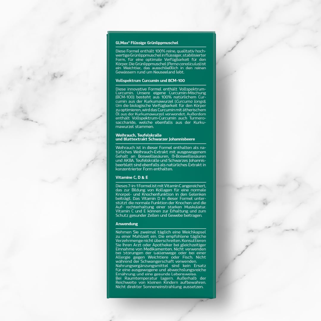 7-in-1 GLMax® Grünlippmuschel Premium – 60 Kapseln | Mit flüssiger Grünlippmuschel, Curcumin, Boswellia, Teufelskralle, Johannisbeerblatt, Vitaminen & Omega-3 | Für Knorpel, Gelenke & Zellschutz